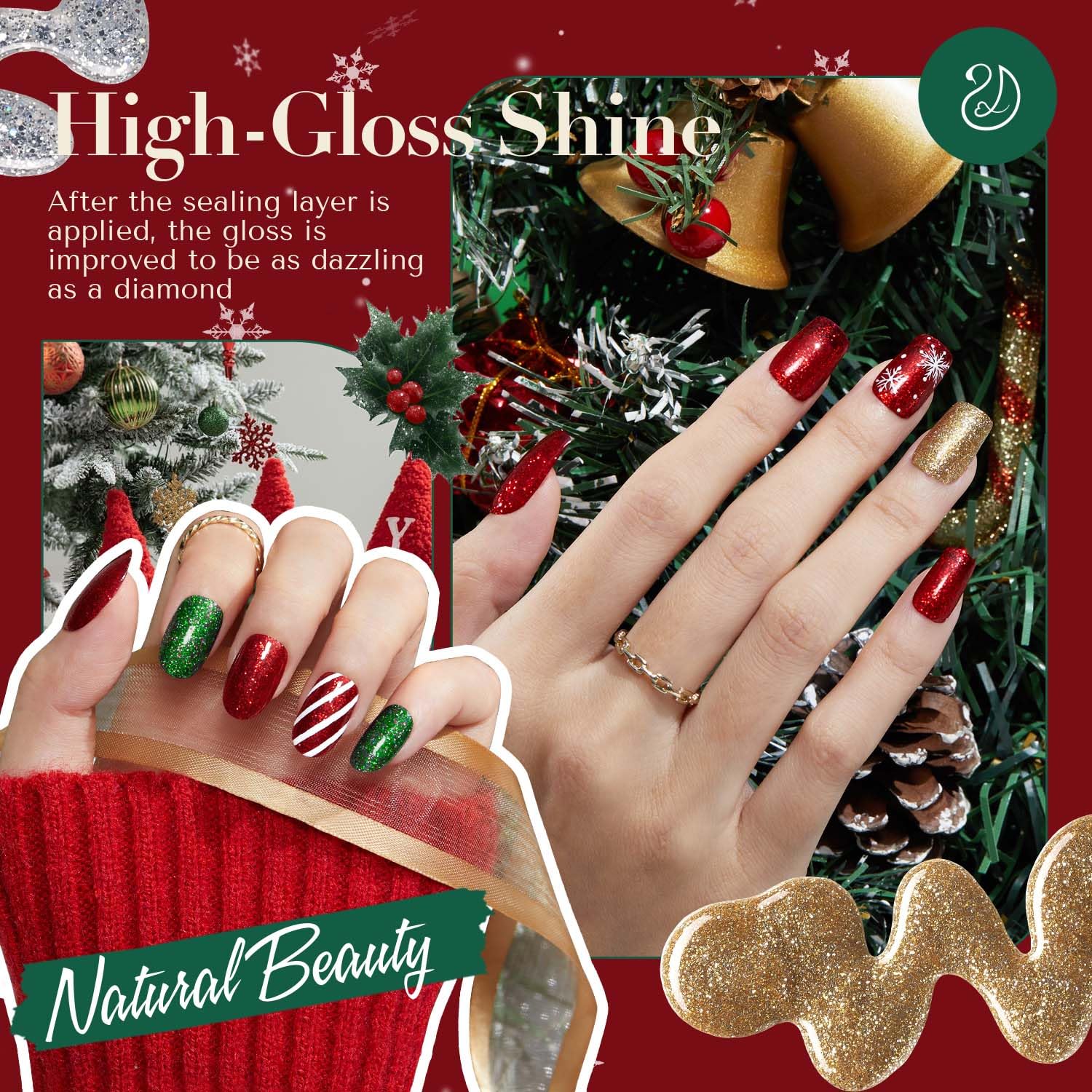 AZUREBEAUTY Nail Polish Set, 4 Colors Christmas Glitter Red Green Gold Silver Quick Dry Natural Fingernail Lacquer Strengthening Treatment Kit with Top Coat DIY Salon at Home - Image 3