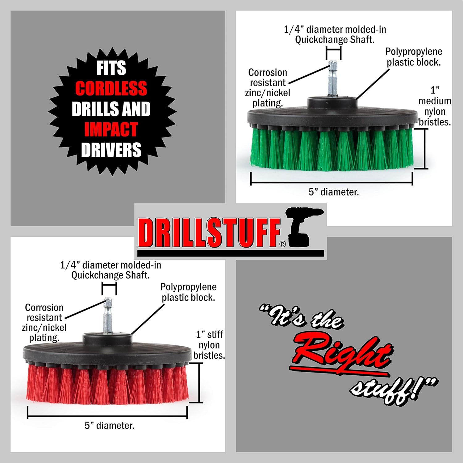 Cleaning Brush Set - 5-inch Medium & Stiff Bristle Drill-Powered Brushes - Green & Red - Kitchen, Tile, Floor & Outdoor Use - Stainless Steel Handle - Nylon Bristles - Image 5