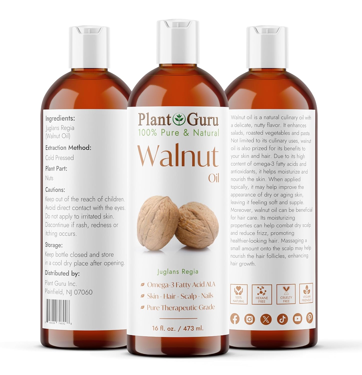 Walnut Oil 16 fl. oz. - Cold Pressed 100% Pure Natural - Skin, Body, Face, and Hair Growth Moisturizer. Great For Creams, Lotions, Lip balm and Soap Making. - Image 2