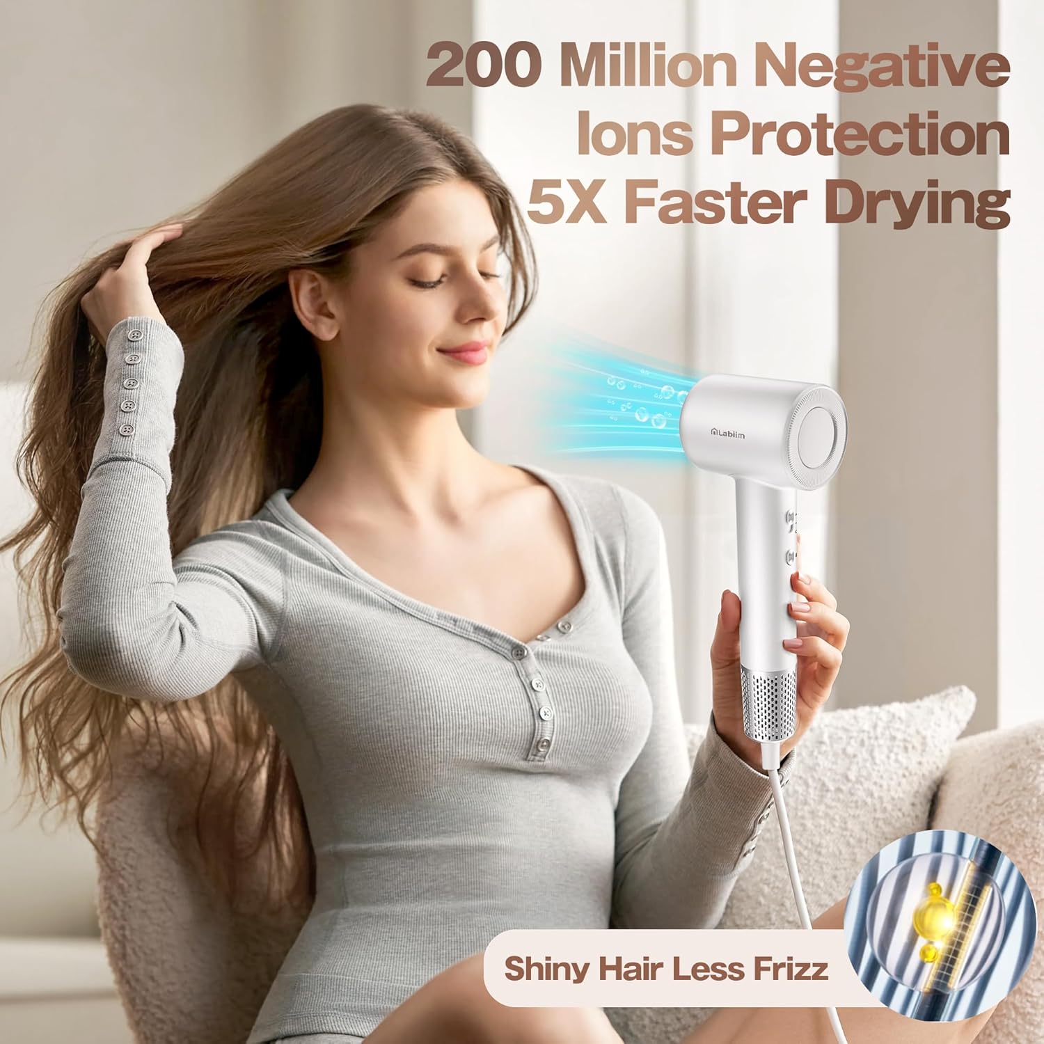 Hair Dryer, High-Speed Ionic Low Noise Blow Dryer with Brushless Motor for Fast Drying, Thermo-Control Quiet Compact Hair Blow Dryer, Hairdryer with 1 Nozzle Attachments for Home Salon Travel - Image 3