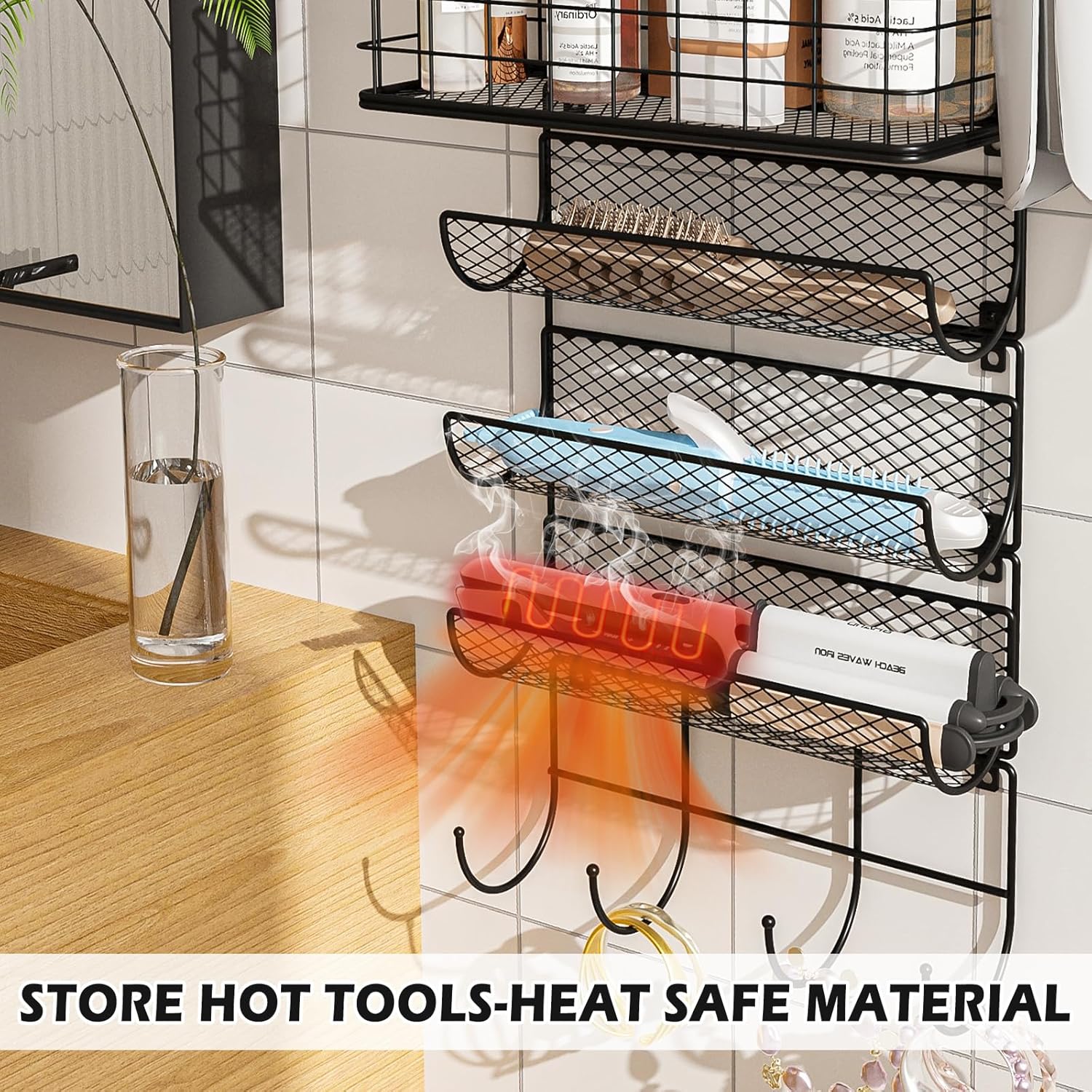Wall-Mounted Hair Dryer Holder Styling Tool Organizer 4-Shelf Storage Wire Basket with Hook Heat Safe Rack for Hair-Straighteners,Curling Wands,Flat Iron,Perfume,Cabinet Door Bathroom Kitchen - Image 4