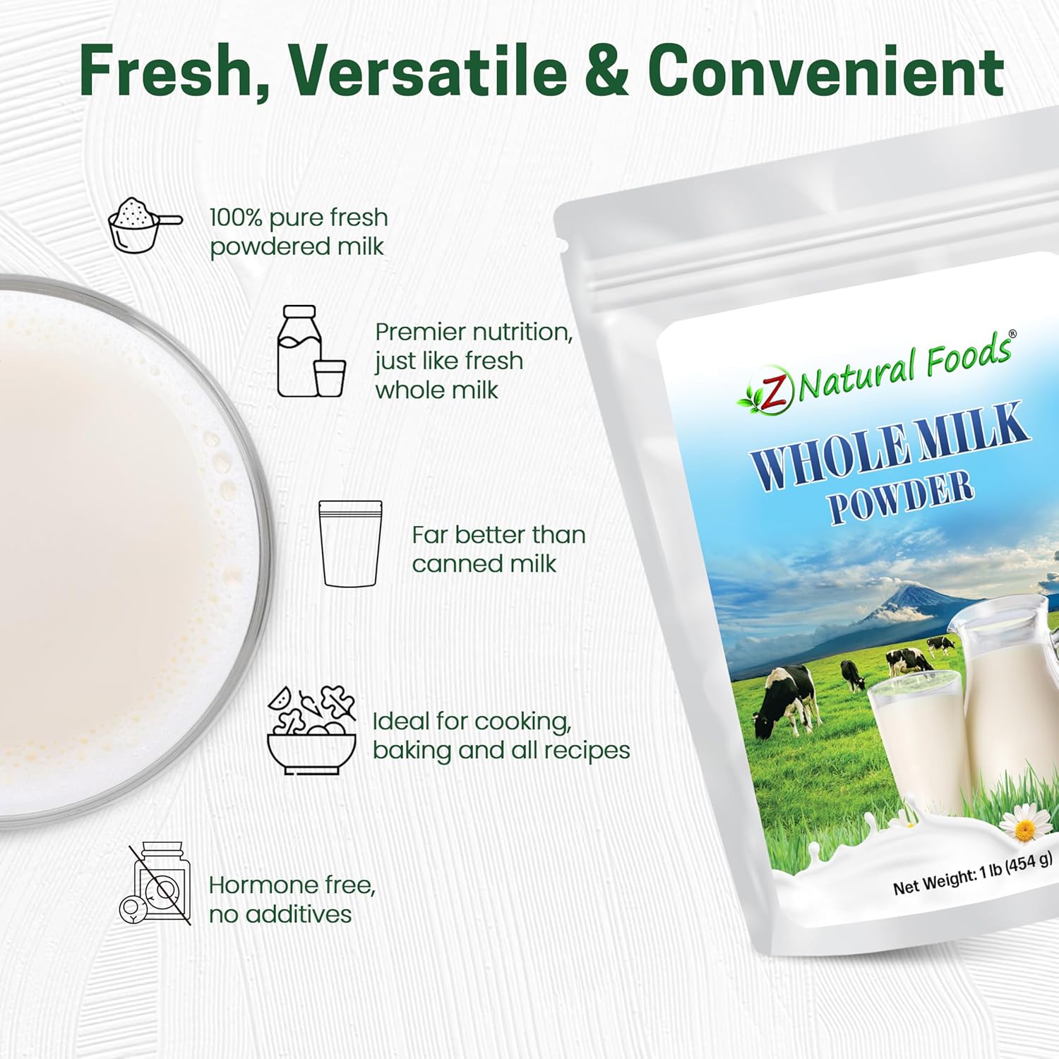 Z Natural Foods Premium Whole Milk Powder - Powdered Milk for Baking, Cooking, Drinks - Dry Milk Powder, Pasteurized, Non-GMO, Gluten-Free, Kosher-Certified, 1 lb - Image 4