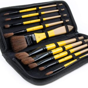 ARTIFY 10 Pieces Paint Brush Set, Intermediate Series, Includes a Carrying Case, Premium Horse Bristle Brushes for Acrylic, Watercolor, Oil and Gouache Painting (Yellow - Horse Hair)