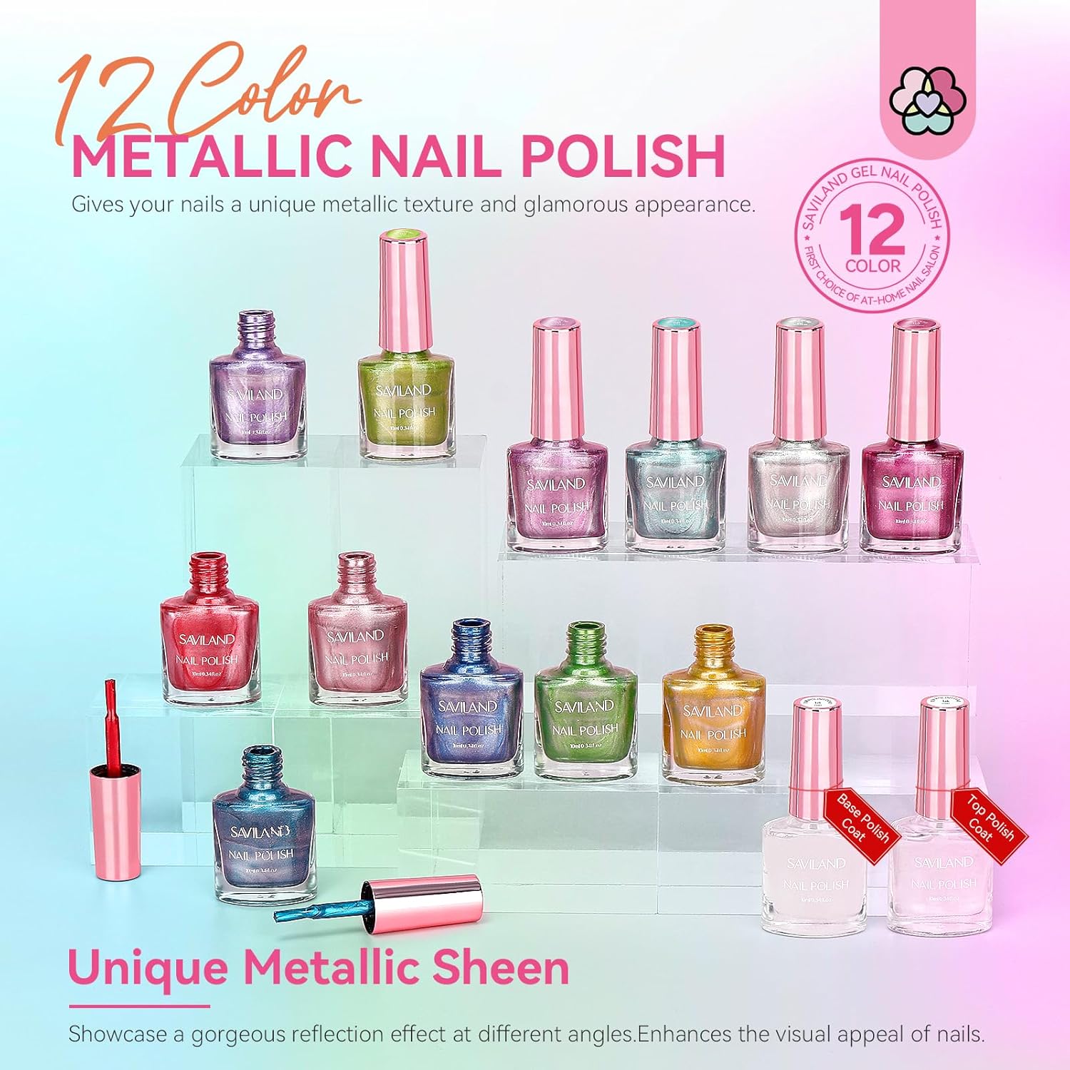 SAVILAND Metallic Nail Polish Set: 12 Colors Mirror Chrome Glitter Nail Polish 0.34oz Holographic Red Silver Pink Nail Polish Quick-Dry Base Top Polish Coat for Fingernail Toenail French Manicure Art - Image 6