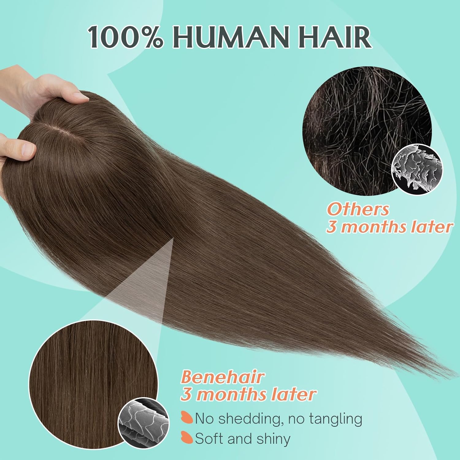 Benehair Human Hair Topper for Women - 9 * 12CM Silk Base, No Bangs, 150% Density, 100% Remy Hair Piece for Thinning Hair - Dark Brown, 12 Inch - Image 2