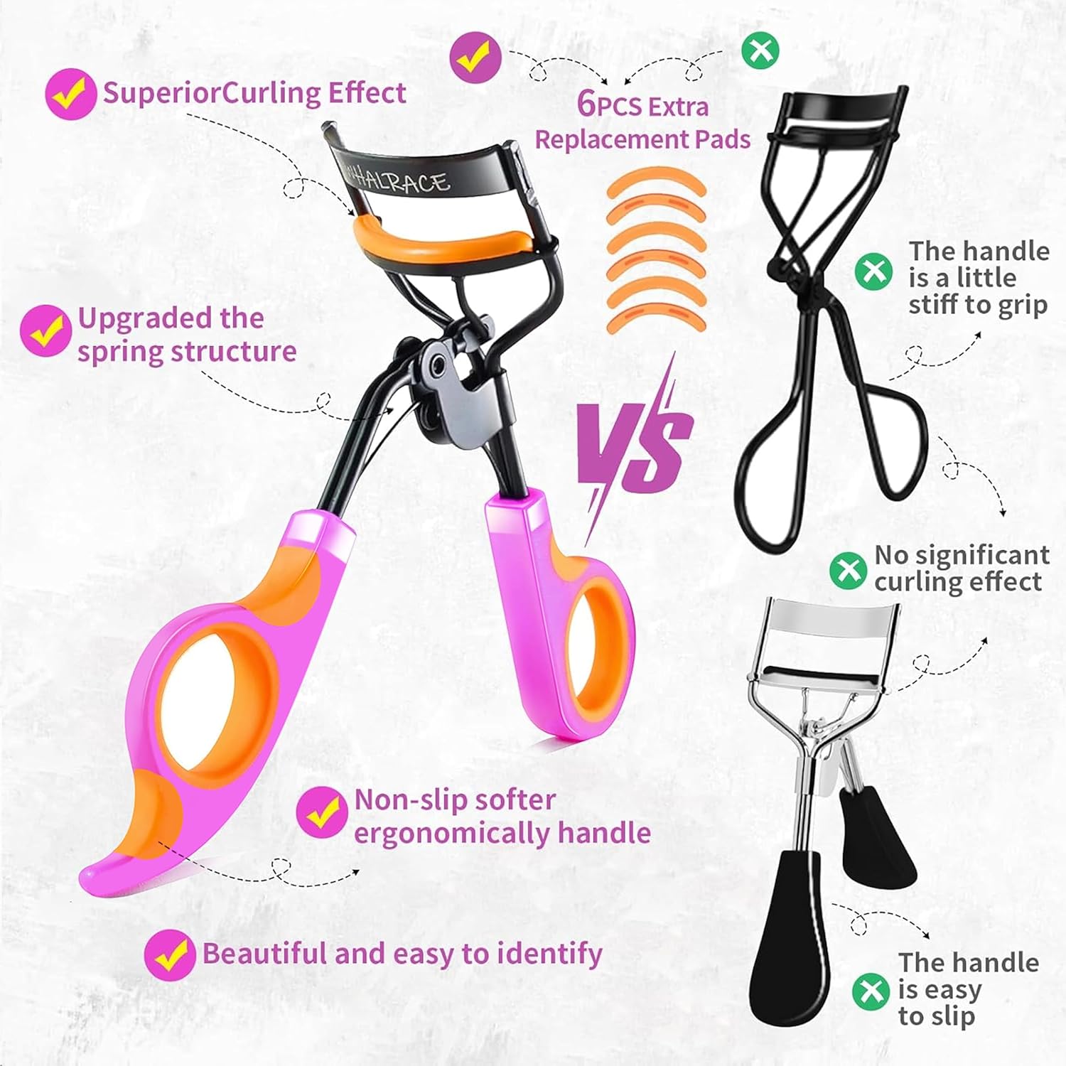 Eyelash Curlers with 6PCS Extra Replacement Pads, Premium Quality Eye Lash Curler, Superior Curling Effect, Easy to Hold and Use, Mother's Day Gifts for Her - Orange Purple Handle - Image 2