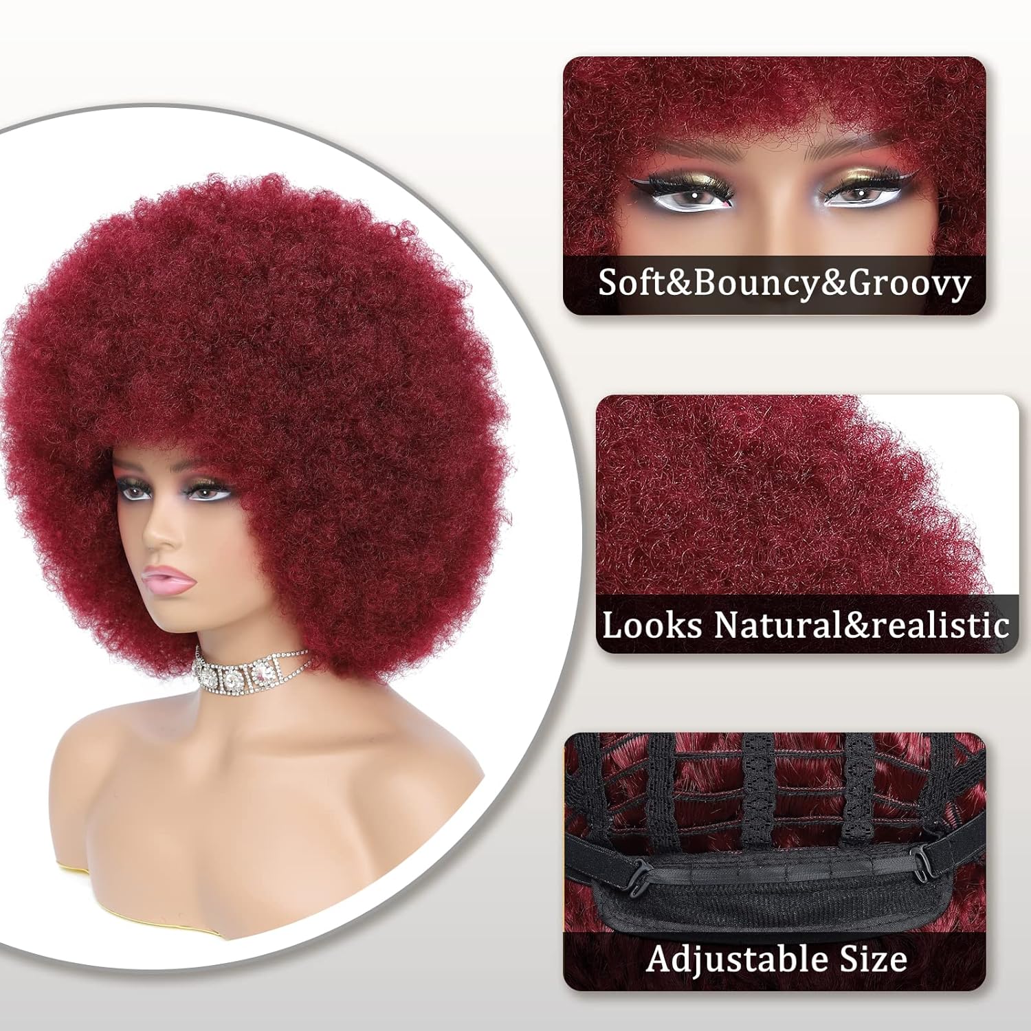 Afro Wig - Soft 70s Afro Wig For Women Burgundy Afro Kinky Curly Hair Wigs With Bangs Natural Dark Red Short Afro Curly Wig For Men Bouncy Afro Puff Wig Synthetic Hair Afro Wig For Daily Party Use - Image 4