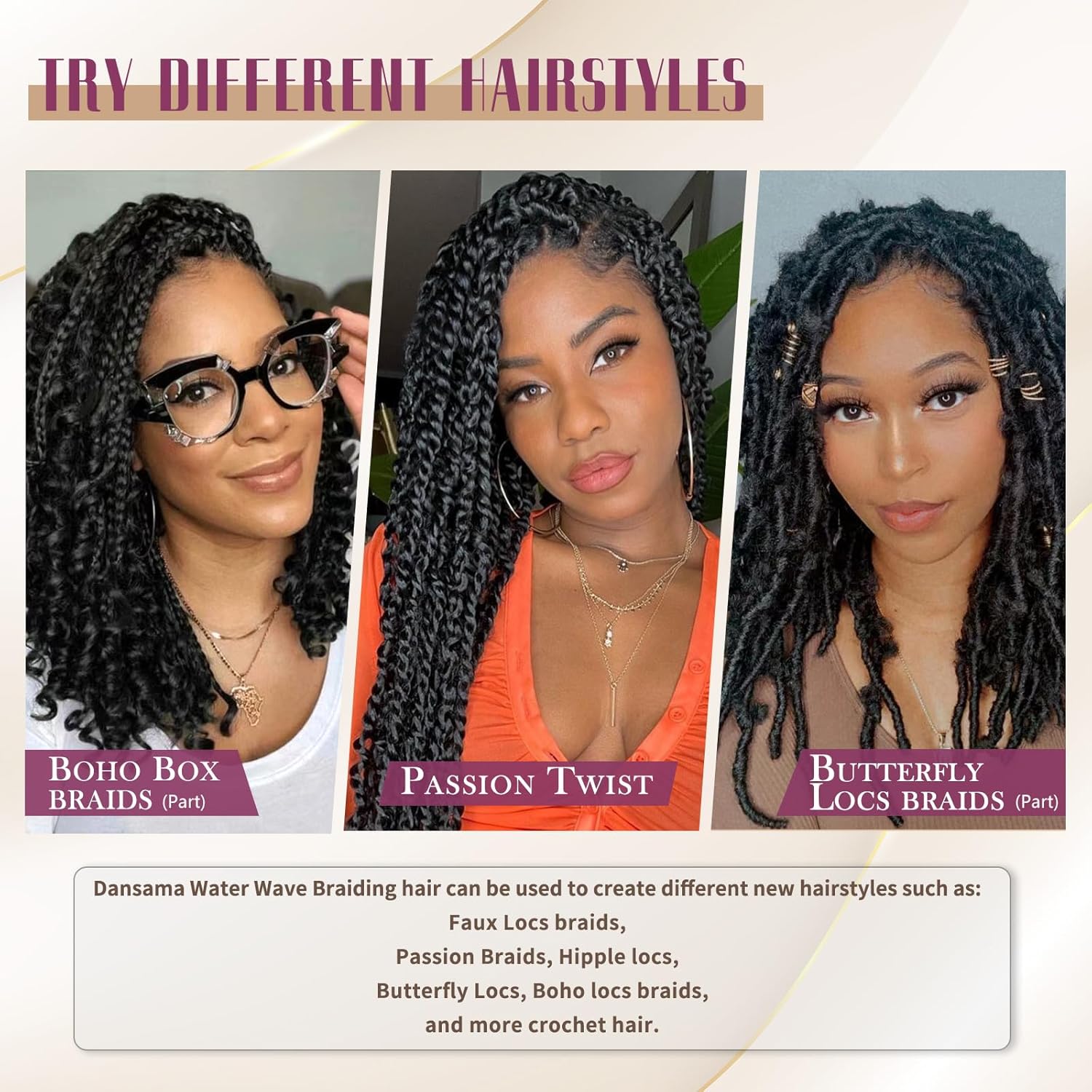Dansama Passion Twist Hair Water Wave Crochet Hair for Black Women, Long Bohemian Braiding Hair for Boho Locs, Faux Locs, Butterfly Style Crochet Braids Hair Extensions (18inch, 1B, Economy Pack) - Image 5