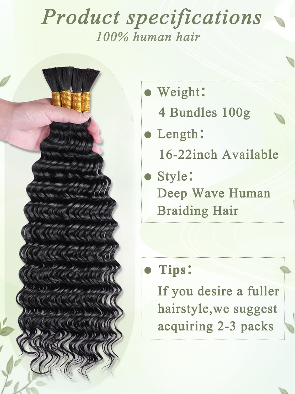 Human Braiding Hair for Boho Braids 18 Inch 100 g 4 Bundles Deep Wave Bulk Human Hair for Braiding No Weft 10A Curly Human Hair Extensions for Braids Wet and Wavy Braid - Image 2