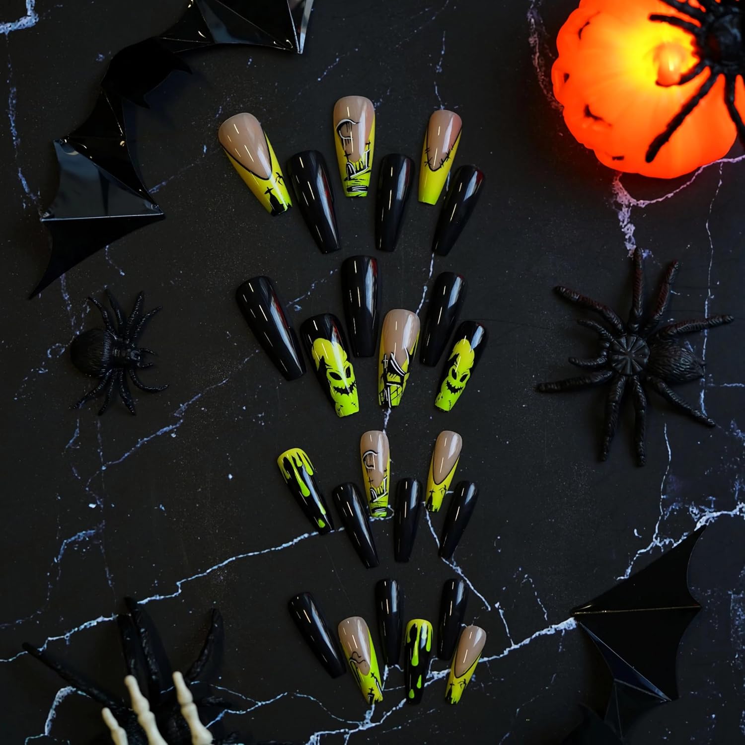 BABALAL Halloween Press on Nails Long Coffin Fake Nail Black Nails Glue ons Green French Tip Ghost Design Acrylic Nails Ballerina False Nails 24Pcs Manicure Full Cover Artificial Nails - Image 2