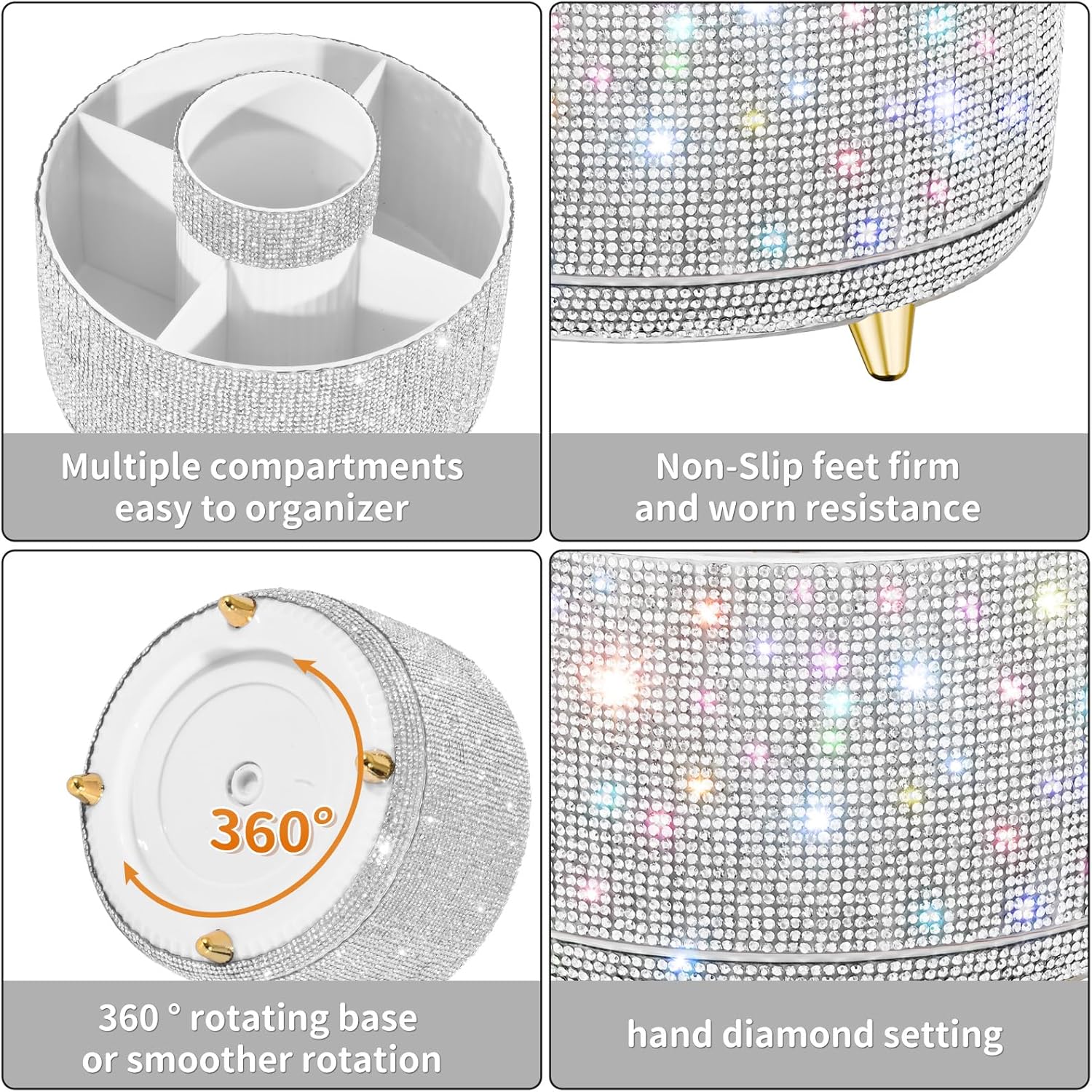 Bling Diamond Makeup Brush Holder, 360° Rotating Makeup Organizer, 5 Slot Make up Brushes Cup for Countertop, Storage for Cosmetics Pen Eyeliner Skincare on the Vanity (Diamond white) - Image 3