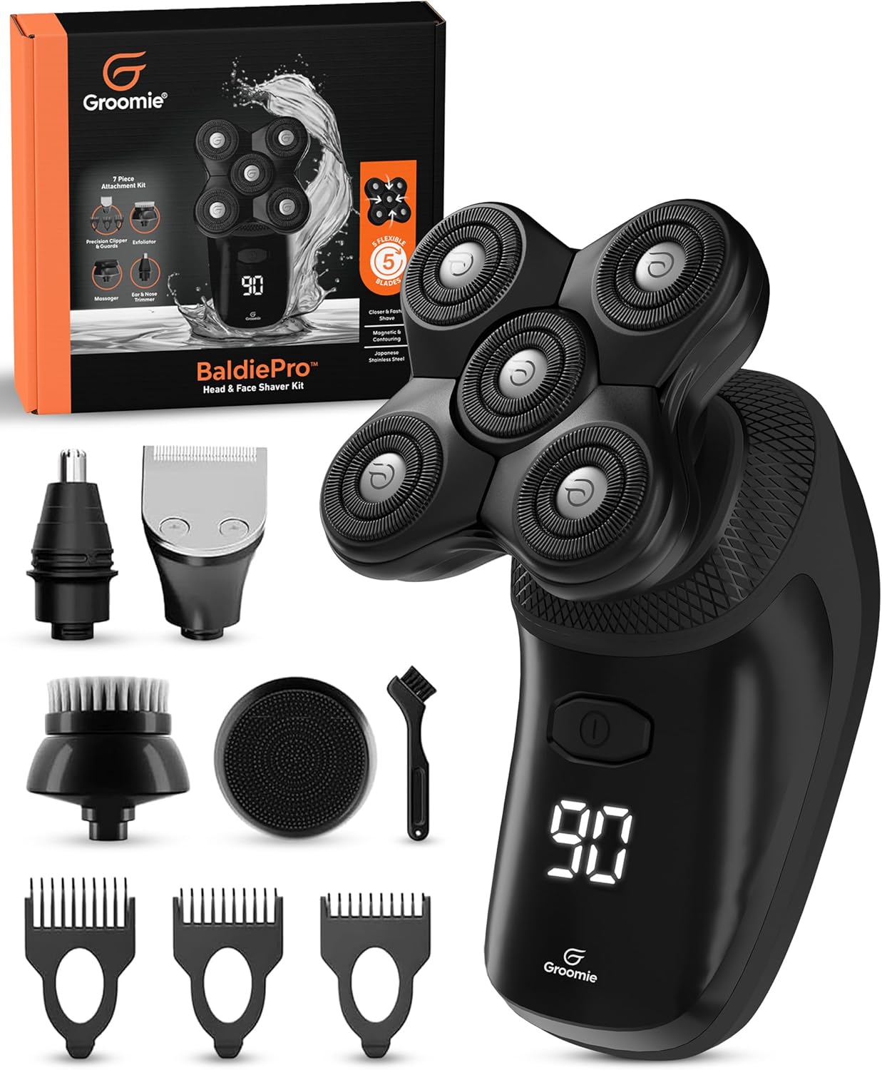 Groomie Cordless Bald Head Shavers for Men, BaldiePro Head Grooming Kit - Ergonomic & Waterproof Head Shavers for Bald Men - Electric Hair Shaver & Head Razor - Men's Rotary Shaver for Smooth Shave