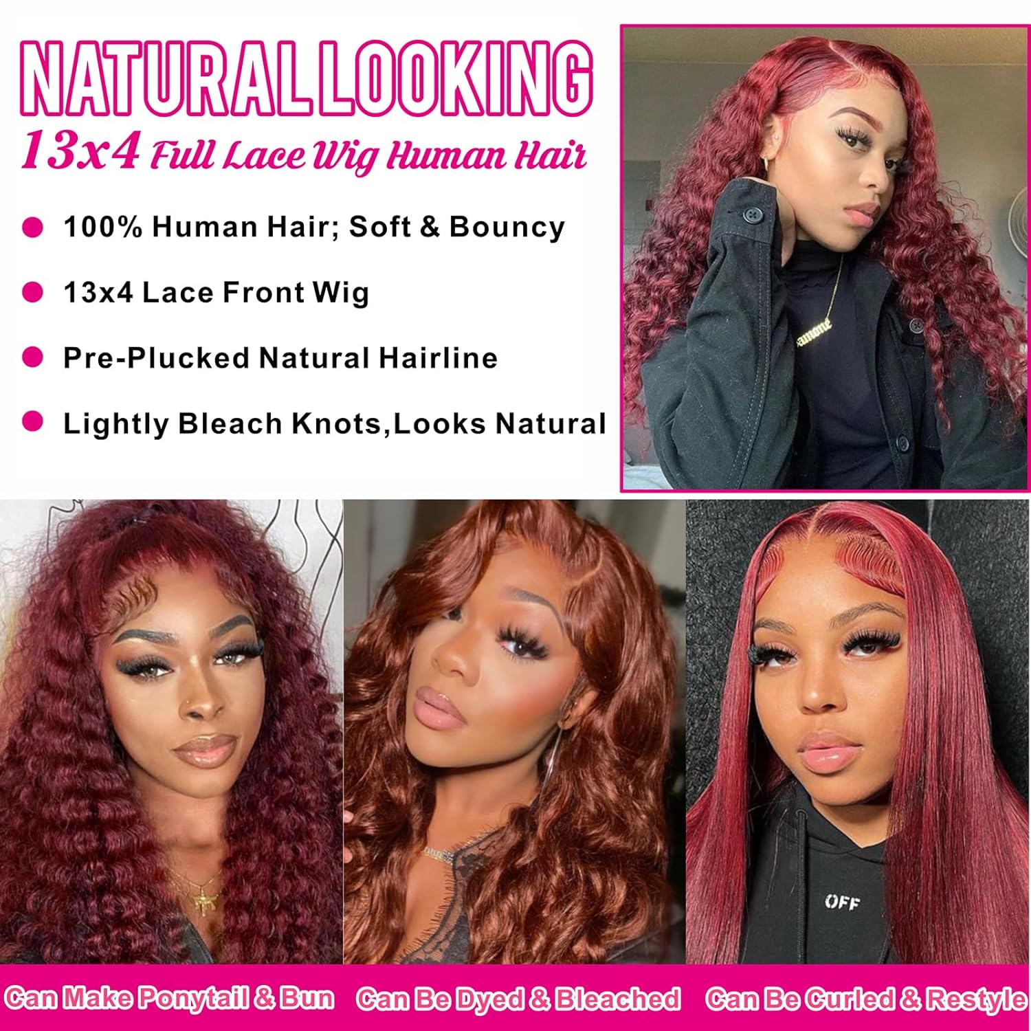 Reddish Brown Deep Wave Lace Front Wigs Human Hair 33b Color 13x4 HD Transparent Lace Frontal Wig for Women 180% Density Copper Red Glueless Curly Wig Pre Plucked 26 Inch - Image 4