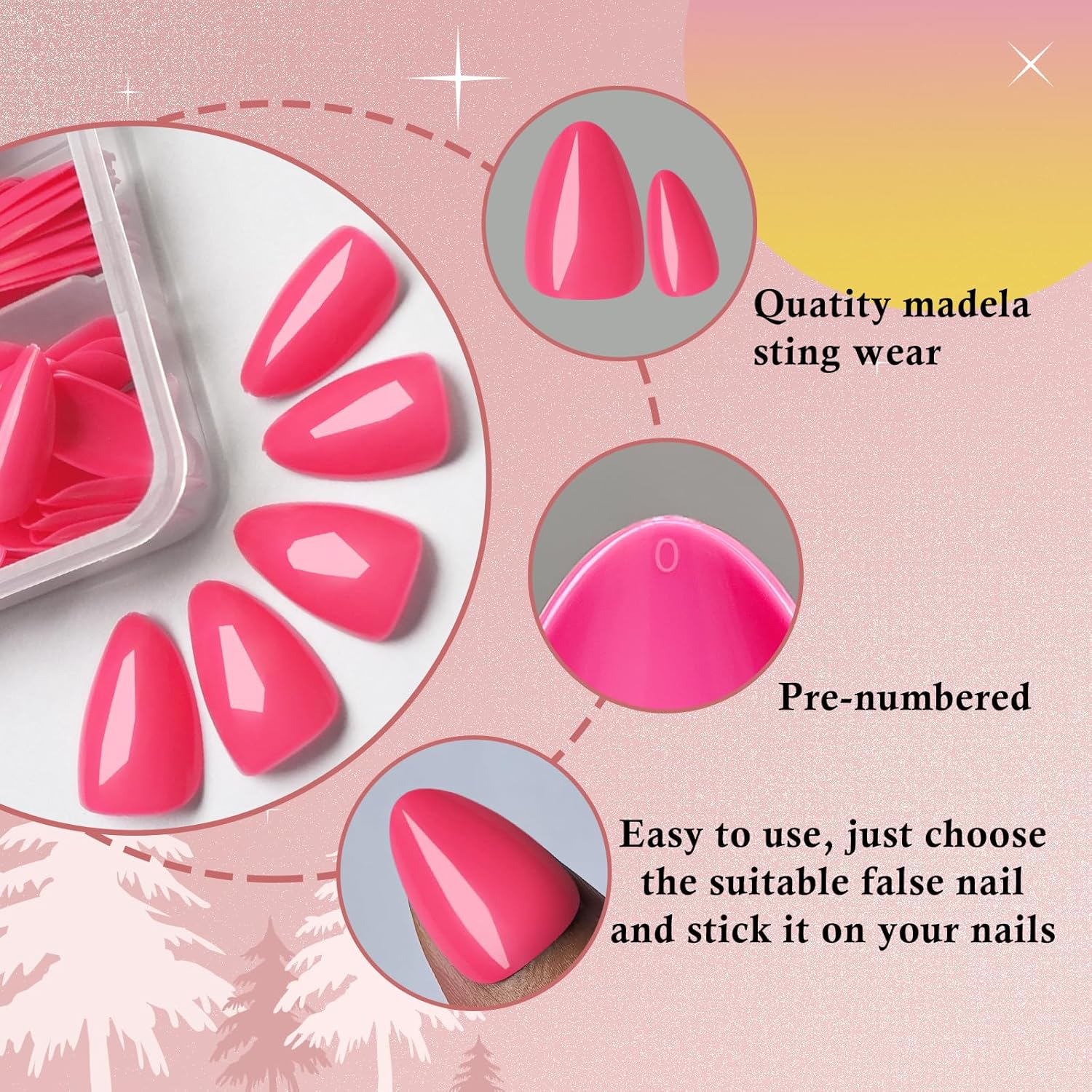 LoveOurHome 240pc Short Almond Hot Pink Full Cover Press on Artificial Fingernails - Image 3