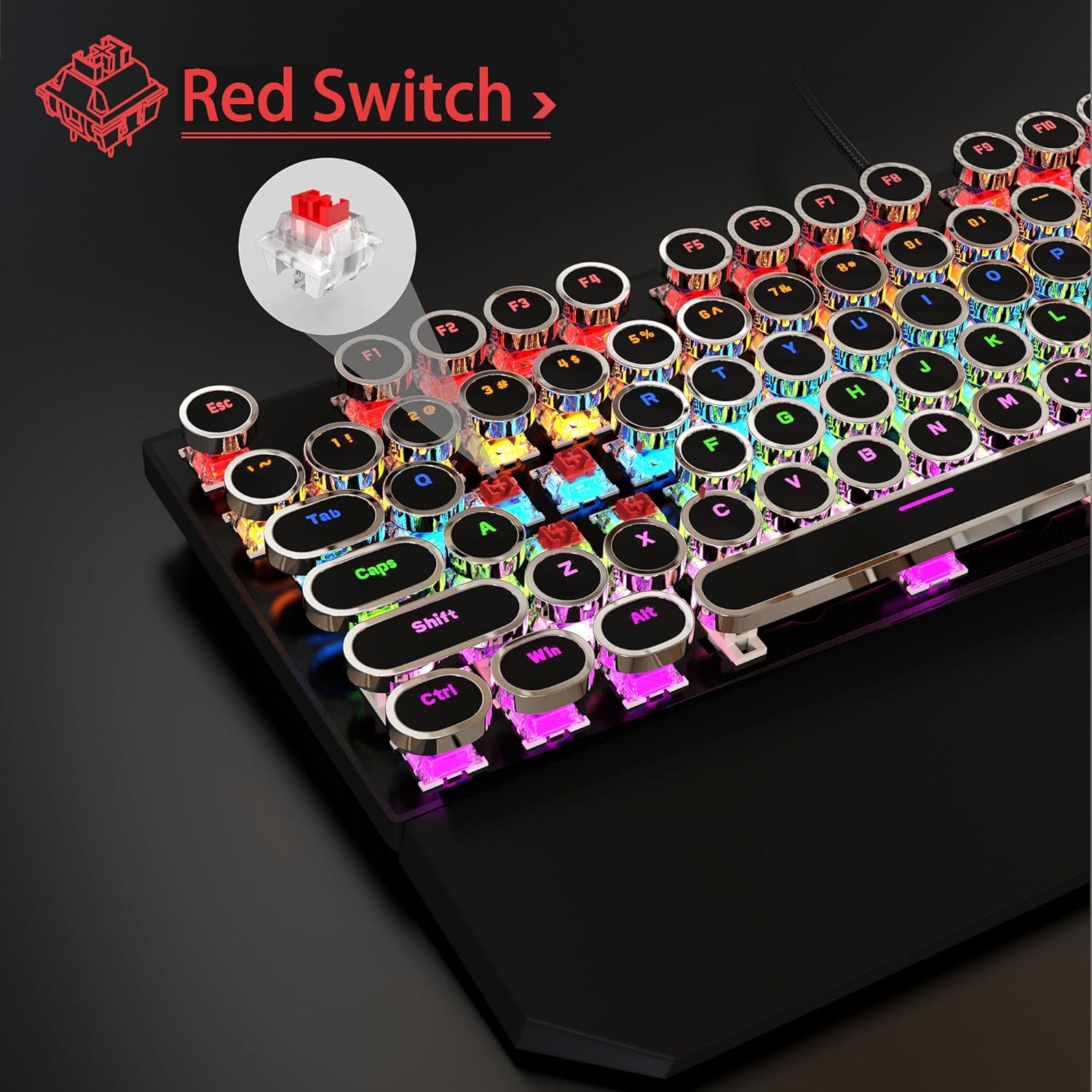 Typewriter Mechanical Gaming Keyboard and Mouse Combo, Retro Punk Round Keycaps RGB Rainbow Backlit Wired Keyboard for Game and Office, for Windows Laptop PC, Red Switches(Black) - Image 4