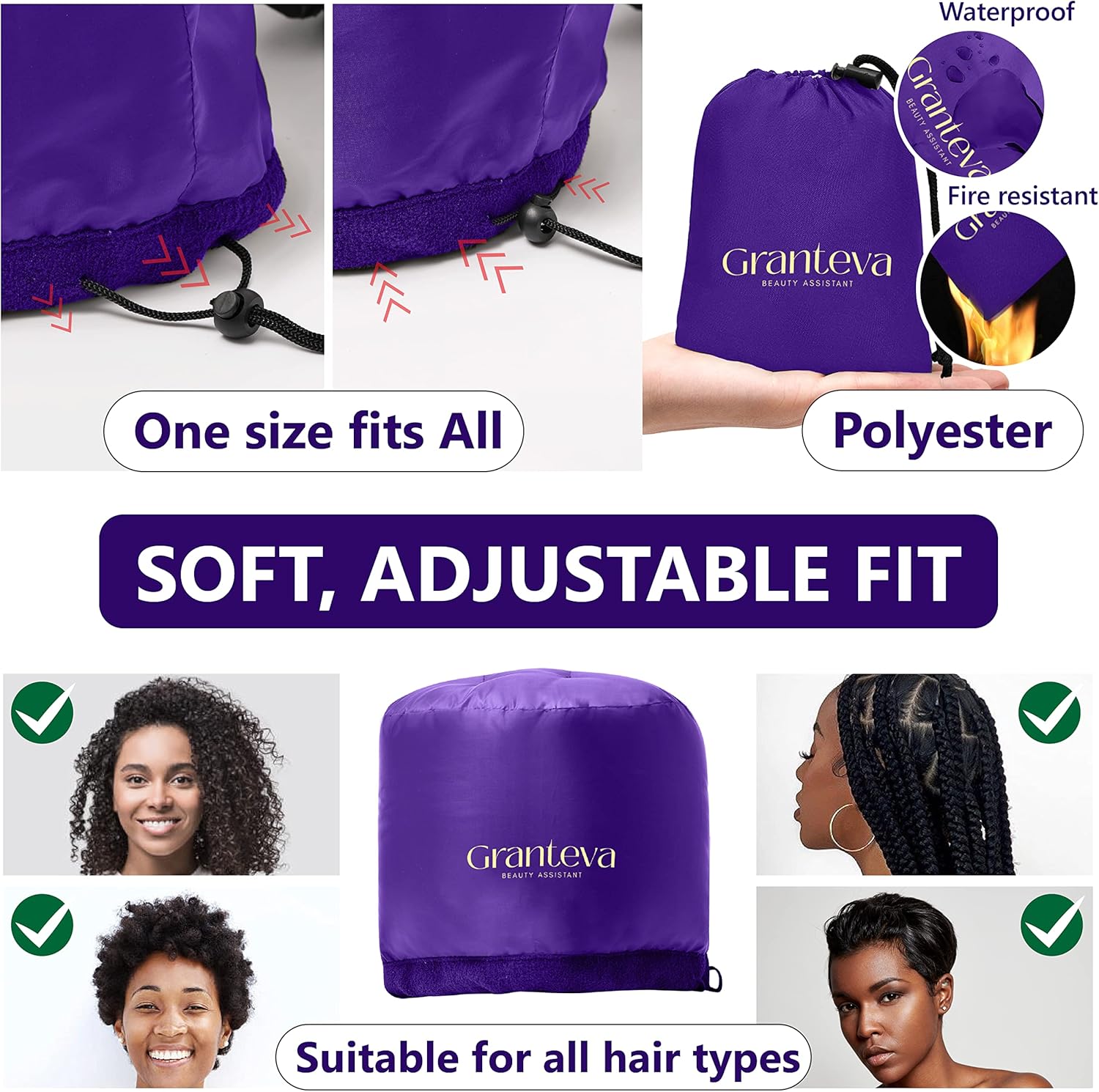 Bonnet Hair Dryer w/A Headband Integrated That Reduces Heat Around Ears & Neck - Hair Dryer Diffuser Cap for Hair Dryer Curly Hair, Speeds Up Drying Time, Deep Conditioning at Home - Large (Purple) - Image 4