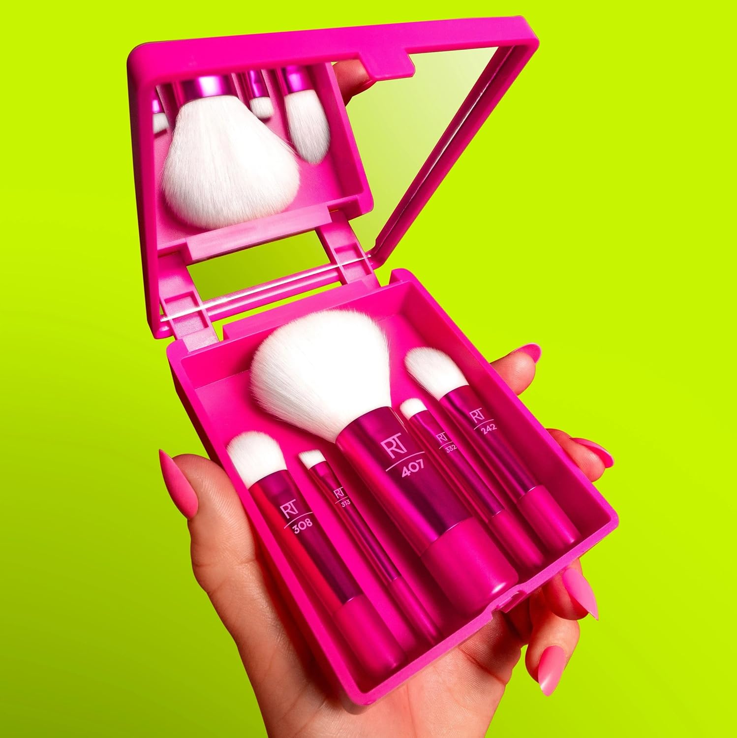 Real Techniques Vivid Escape Glow-To-Go Travel Makeup Brush 6 Piece Set, Mini Size Makeup Brushes For Eyeshadow, Concealer, Contour, & Blush, Includes Mirror Cosmetic Case, Cruelty-Free & Vegan - Image 6