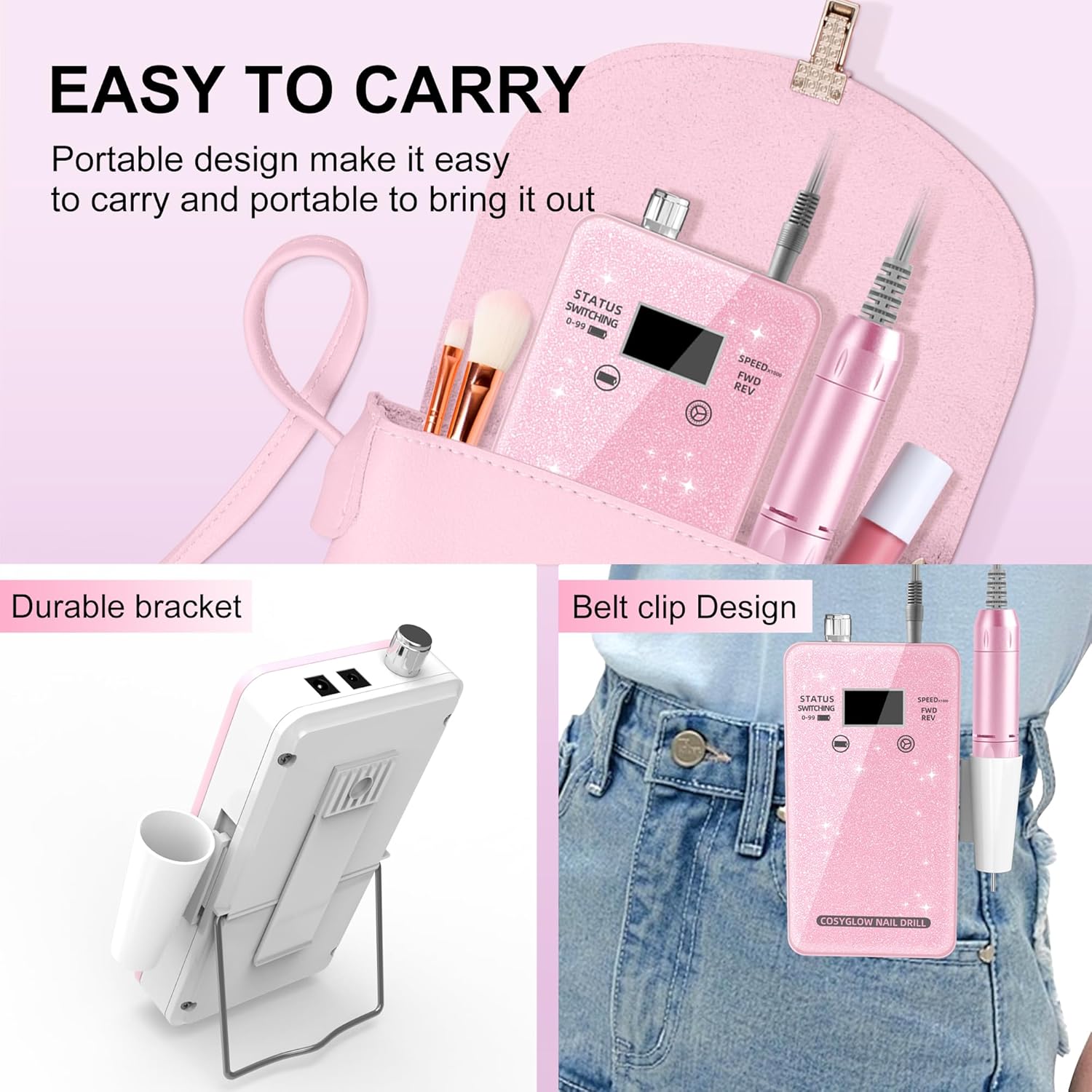 Professional Electric Nail Drill File:COSYGLOW Glitter Portable Cordless E-File Nail Drill Kit with 11 Drill Bits,30000 RPM Rechargeable Nail Drills Machine for Acrylic Nails Gel Polishing(Pink) - Image 5