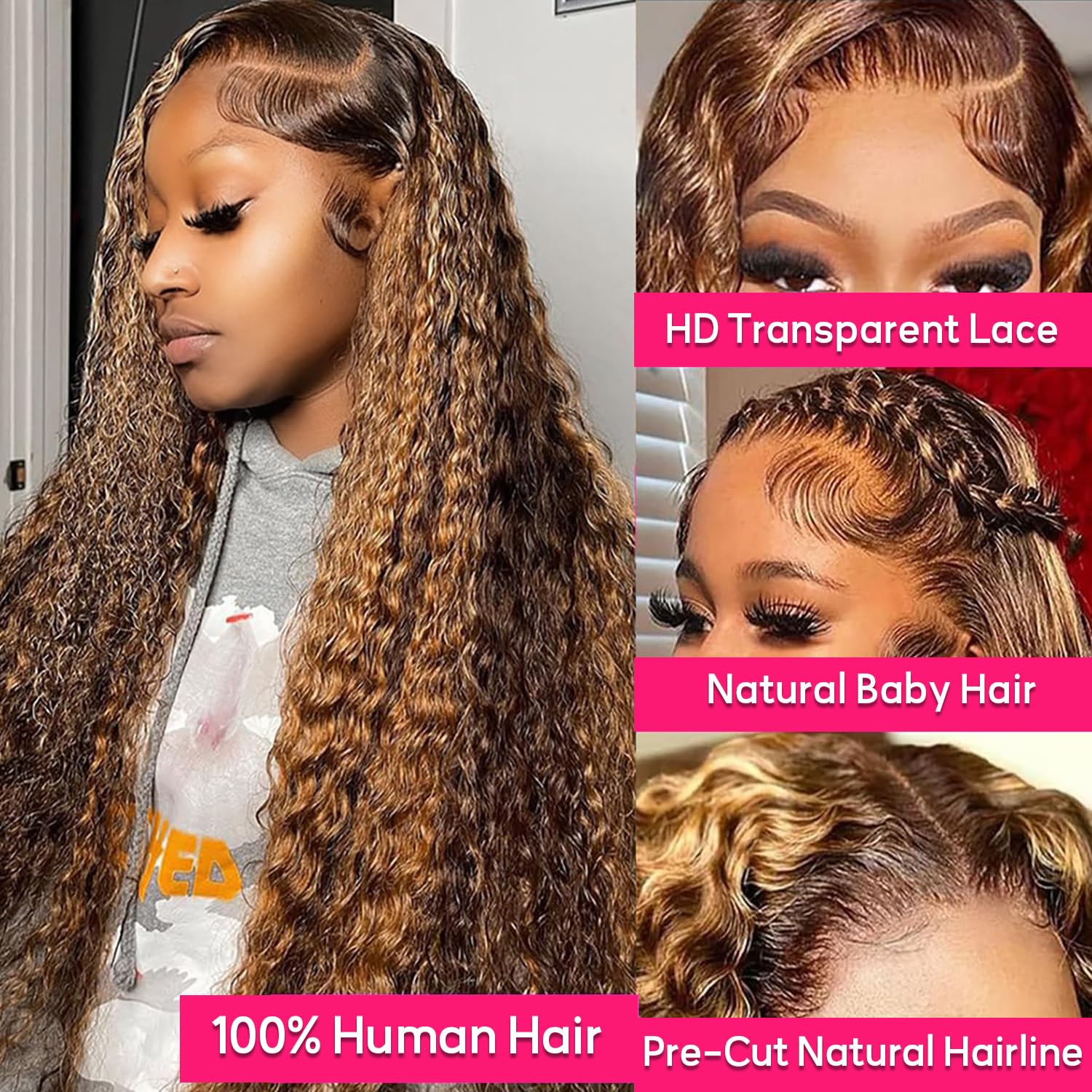 Honey Blonde Ombre Lace Front Wig Human Hair 13X6 Highlight Deep Wave Curly Human Hair Wig 4/27 Colored Deep Wave HD Lace Front Wigs Human Hair Pre Plucked with Baby Hair 180% Density 26 Inch - Image 2