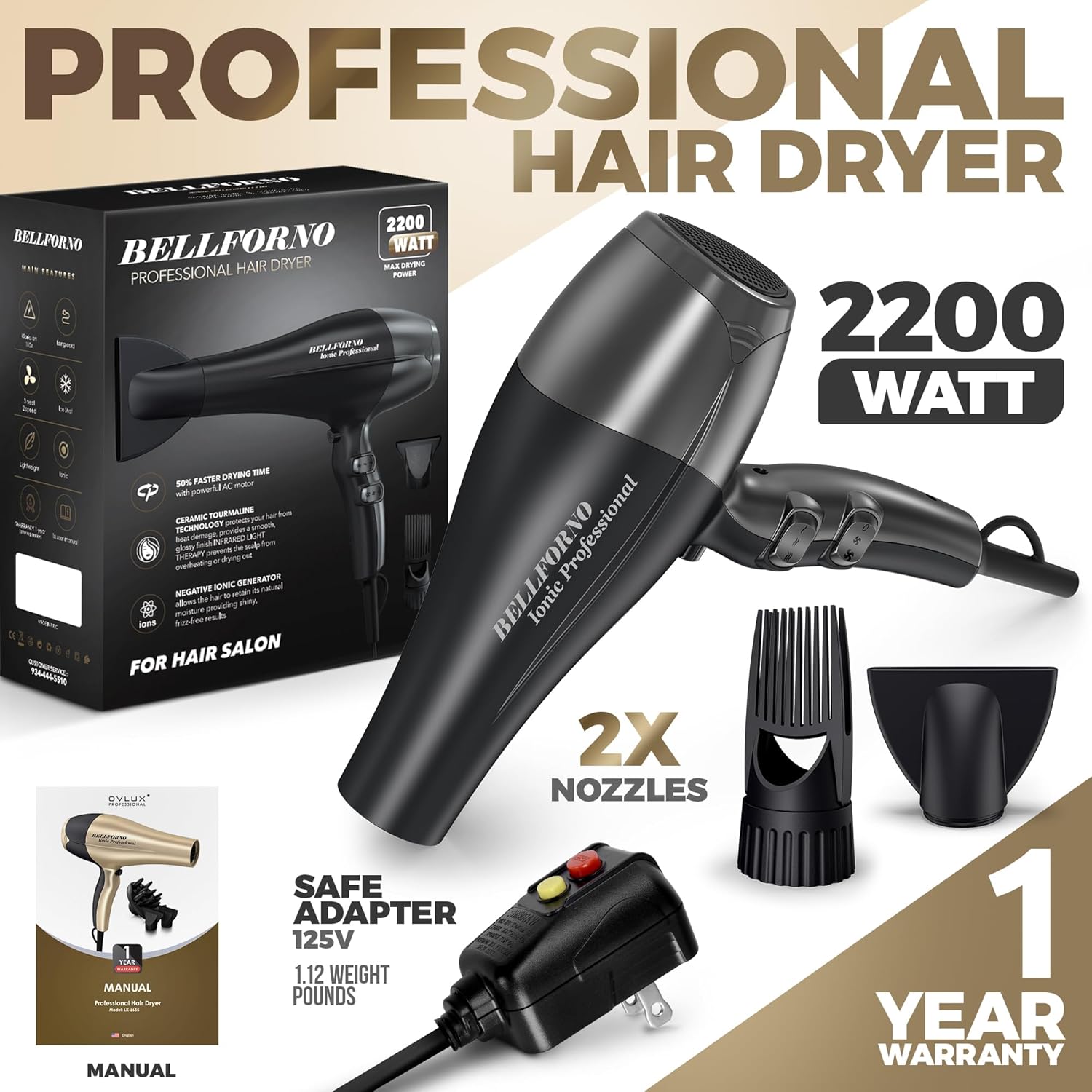 Fast-Dry 2200W Negative Ionic Ceramic Hair Dryer Tourmaline Technology - Lightweight & Quiet Professional Salon Blow Dryer with ADC Motor - hairdryer - Image 2