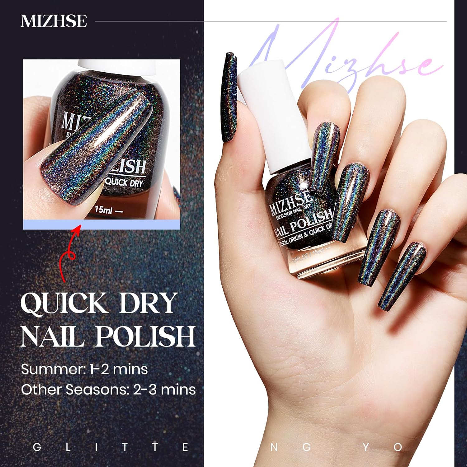 MIZHSE Holographic Nail Polish, Black Glitter Nail Polish Air Dry Fast, 15 ml 0.5 fl oz High Glossy Shiny Nail Pigment Oil-based Laser Iridescent Chrome Halo Nail Art Salon Manicure Home - Image 3