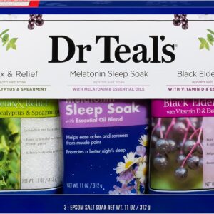 Dr Teal's Epsom Salt Trio Gift Set (Three 14oz Bags) - Relax & Relief, Melatonin Soak, & Black Elderberry - Give The Gift of Relaxation - Soothe Aches wtih at Home Spa Kit