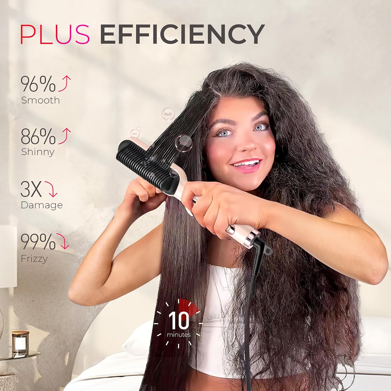 TYMO Ring Plus Ionic Hair Straightener Brush - Straightening Comb with Negative Ions for Women, Titanium Coating, 9 Temp Settings & LED Display, Dual Voltage, Professional Styling Tools, Gold Blush - Image 3