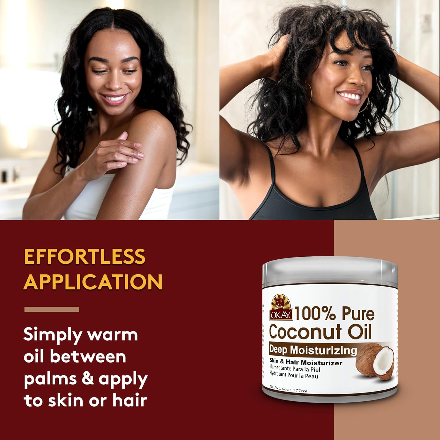 Okay 100% Pure Coconut Oil for Hair & Skin - Coconut Oil for Women & Men, Perfect for Hair & body, Natural Massage Oil & Moisturizer - 6 fl oz Jar (Pack of 1) - Image 5