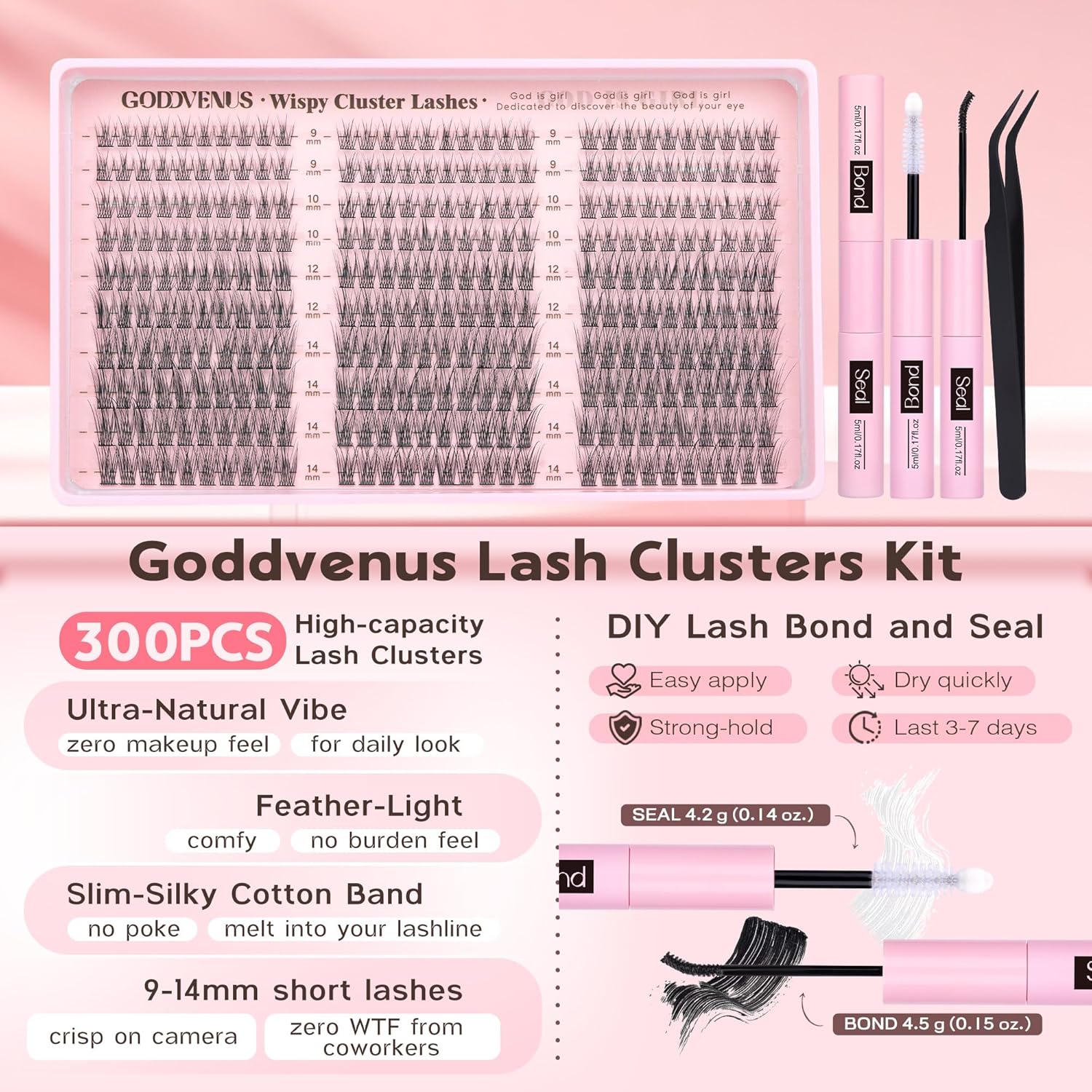 Lash Clusters Kit 9-14mm Wispy Eyelash Clusters Lashes Natural DIY Lash Extension Kit Short Cluster Eyelash Extensions Kit 300pcs C Curl Individual Lashes Cluster Eyelash (With Tweezers) - Image 5