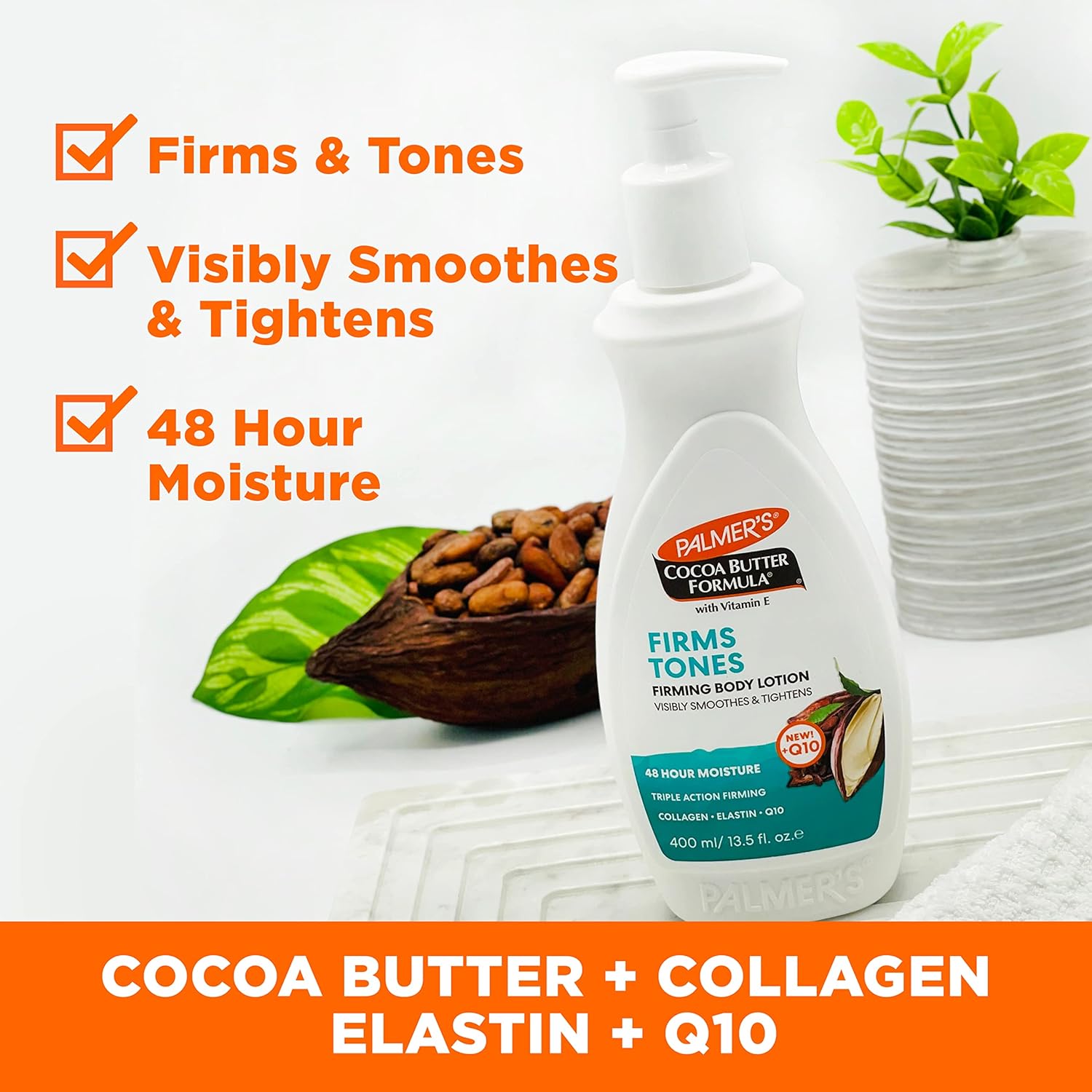 Palmer's Cocoa Butter Formula Skin Firming Body Lotion, Toning & Tightening Cream with Q10, Collagen & Elastin, Pump Bottle, 13.5 Oz. - Image 3