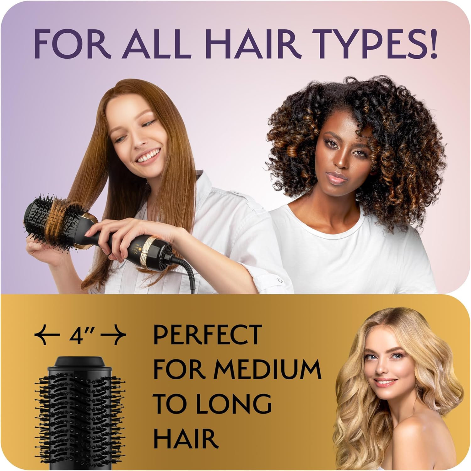 Professional Blowout Hair Dryer Brush, Black Gold Dryer and Volumizer, Hot Air Brush for Women, 75MM Oval Shape (Black Gold) - Image 3