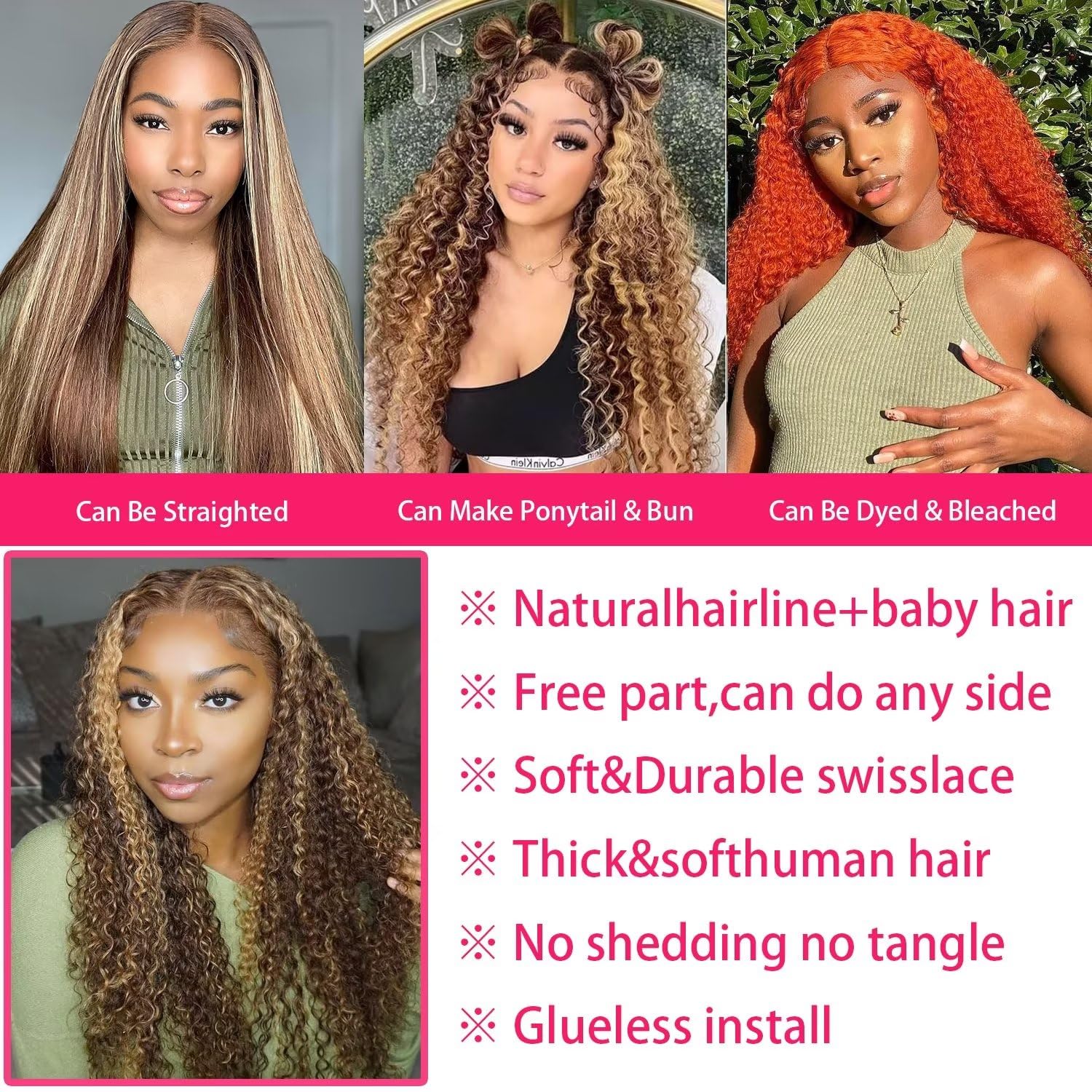Highlight Ombre 13x6 Lace Front Wig Human Hair 13x6 Deep Wave HD Lace Frontal Wig for Women 180 Density Honey Blonde Deep Curly Frontal Wig Pre Plucked 4/27 Color 26 Inch - Image 5