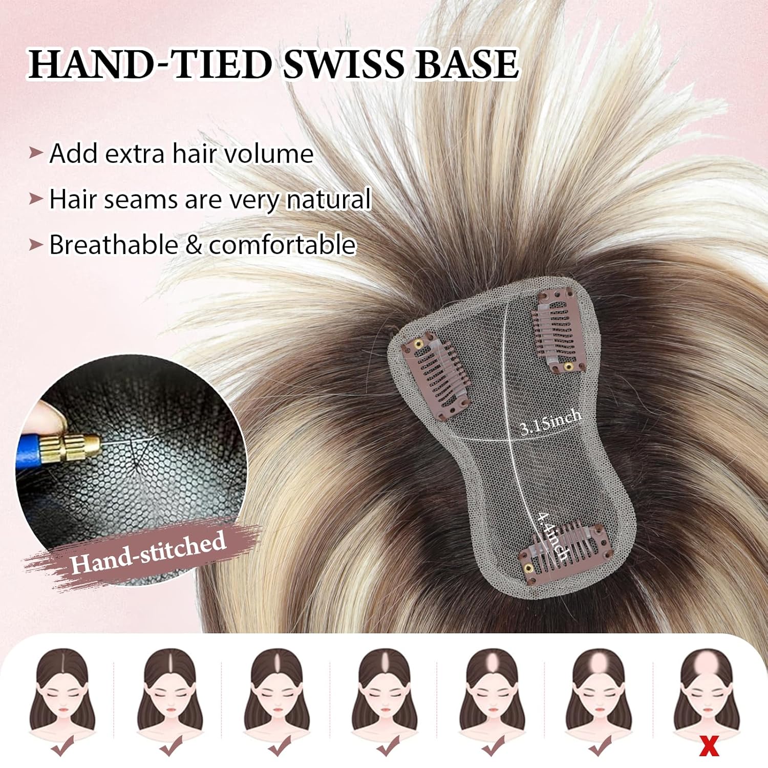 Hair Toppers for Women Real Human Hair Toppers for Women with Thinning Hair Pieces with Bangs Top Handmade Swiss Base HairPieces 10Inch (Ombre Light Brown with Blond Highlight) - Image 5