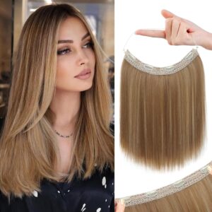 REECHO 12" Invisible Wire Hair Extensions with Thinner Softer Lace Weft Adjustable Size Removable Secure Clips in Short Straight Secret Hairpiece for Women - Medium Brown with Blonde Highlights