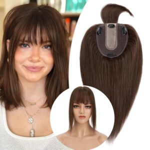 Rich Choices Real Human Hair Toppers for Women With Bang 100% Remy Human Hair Topper for Thinning Hair Clip in Silk Base Hair Topper 10 Inch #4 Medium Brown