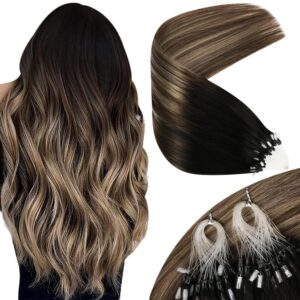 Sunny Hair Micro Link Hair Extensions Human Hair Highlight Personality Pre Bonded Black Balayage Dark Brown Ombre Medium Ash Blonde Micro Loop for Party Dramatic Transformation 18inch 50g