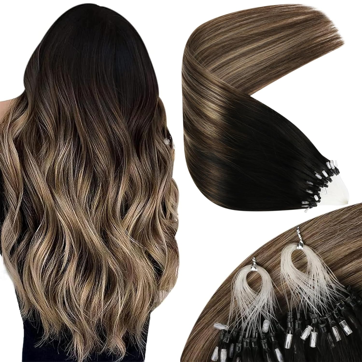 Sunny Hair Micro Link Hair Extensions Human Hair Highlight Personality Pre Bonded Black Balayage Dark Brown Ombre Medium Ash Blonde Micro Loop for Party Dramatic Transformation 18inch 50g