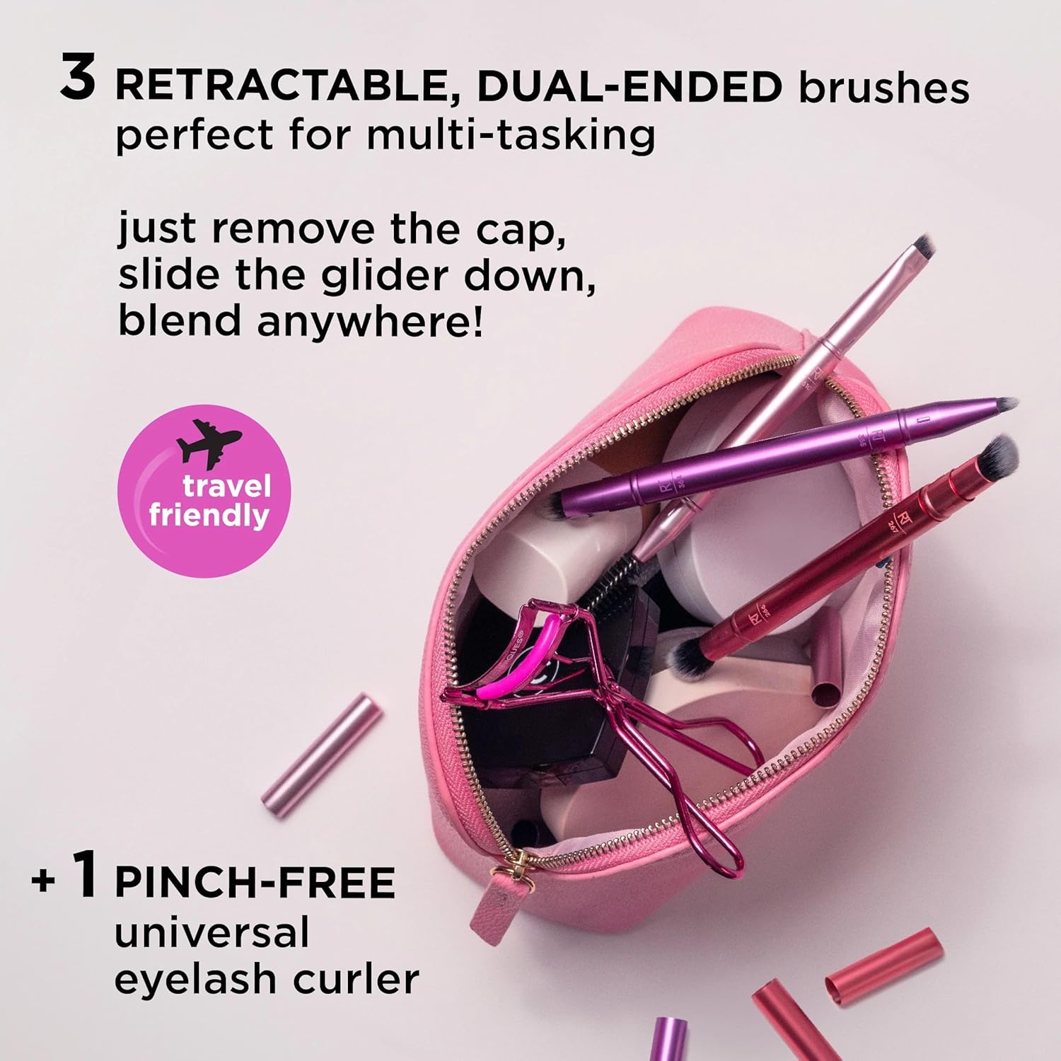 Real Techniques Double Time Brush + Lash 4 Piece Set, Dual-Ended Eye Makeup Brushes For Eyeshadow & Brows, Travel-Friendly Brush Caps For Storage, Eyelash Curler Included, Cruelty-Free - Image 4