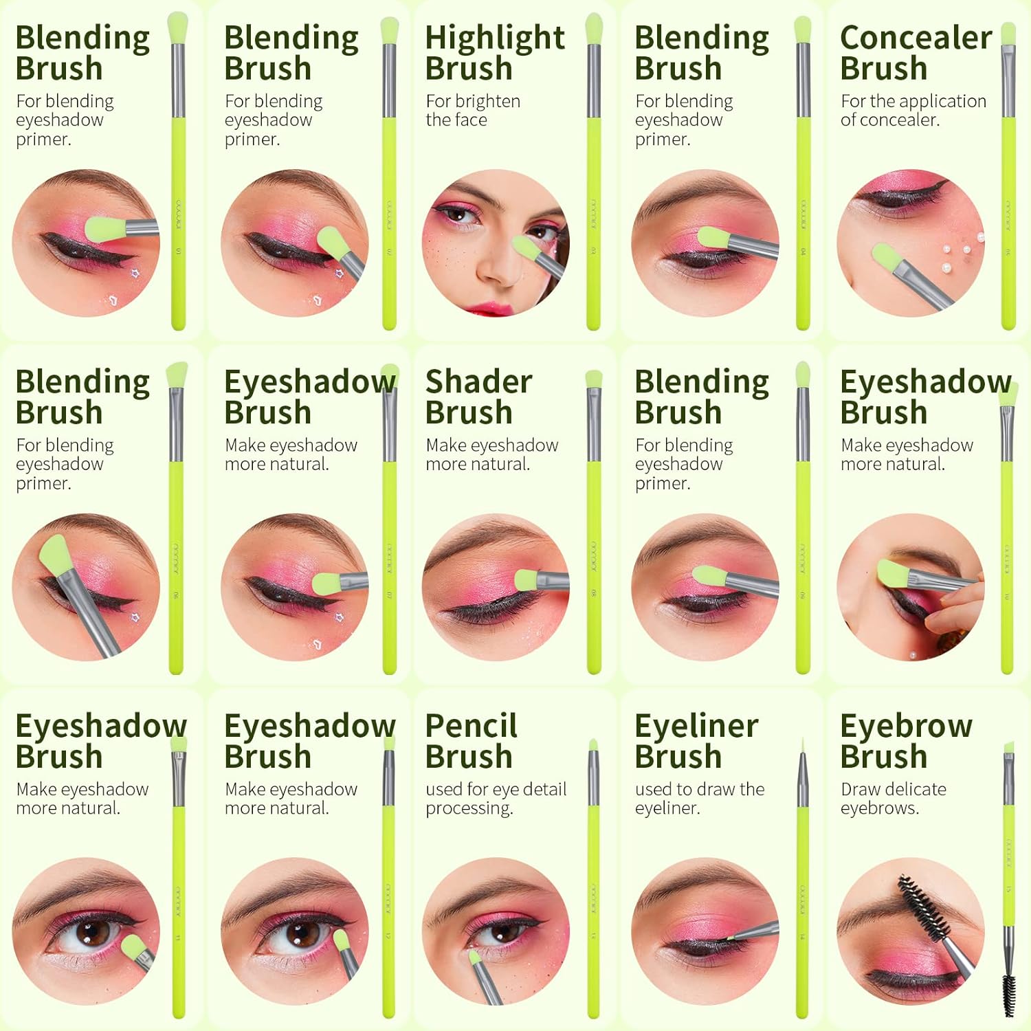 Docolor Eyeshadow Brush Set 15Pcs Eye Makeup Brushes Professional Makeup Brush Set Eye Shadow Blending Concealer Eyebrow Eyelash Eye Liners Premium Synthetic Eyeshadow Crease Brow Brush, Neon Green - Image 4
