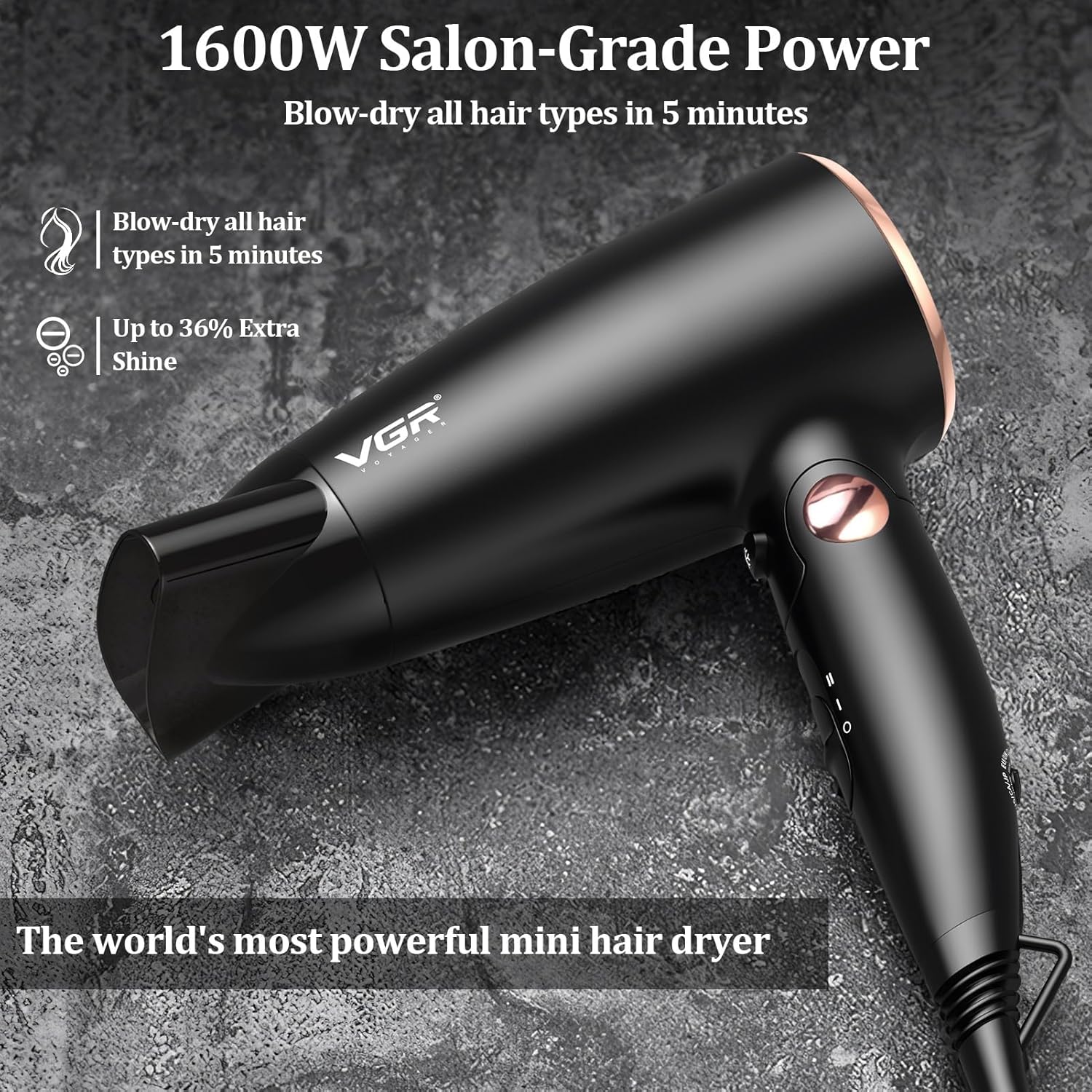 VGR Dual Voltage(100~250V) Travel Hair Dryer with European Plug Adapter for International Travel, Portable Hair Dryer with Concentrator Nozzles - Image 3