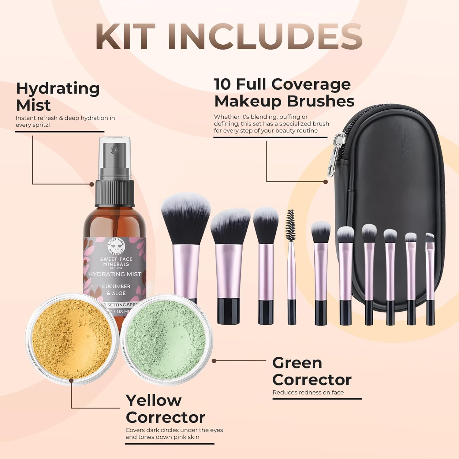 ULTIMATE KIT (WARM- Neutral Shade, Most Popular) Full Size Mineral Makeup Set Matte Foundation Kit Bare Face Sheer Powder Cover - Image 2
