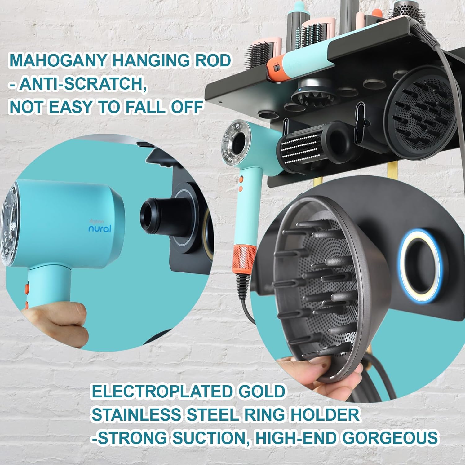 Wall Mount Hair Dryer Stand Holder for Dyson Supersonic Nural Hair Dryer and Dyson Airwrap Styler, 2 in 1 Blow Dryer Accessories Organizer Storage Rack, Aluminum Alloy - Image 4