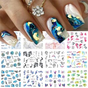 12 Sheets Watercolor Marble Nail Water Transfer Decals Nail Art Stickers Colorful Halo Staining Marble Stripe Designs Nail Art Supplies Spring Nail Tattoo Watermark Stickers Accessories for Women