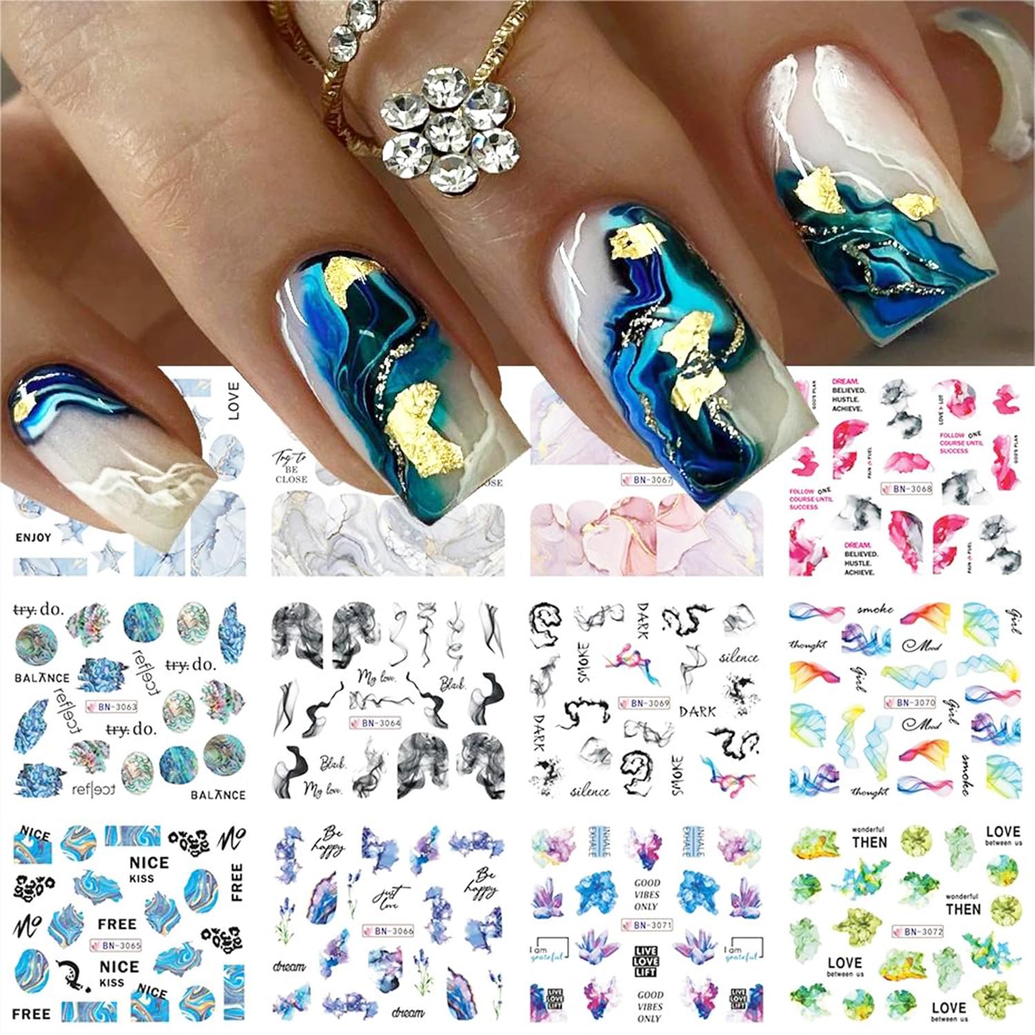 12 Sheets Watercolor Marble Nail Water Transfer Decals Nail Art Stickers Colorful Halo Staining Marble Stripe Designs Nail Art Supplies Spring Nail Tattoo Watermark Stickers Accessories for Women