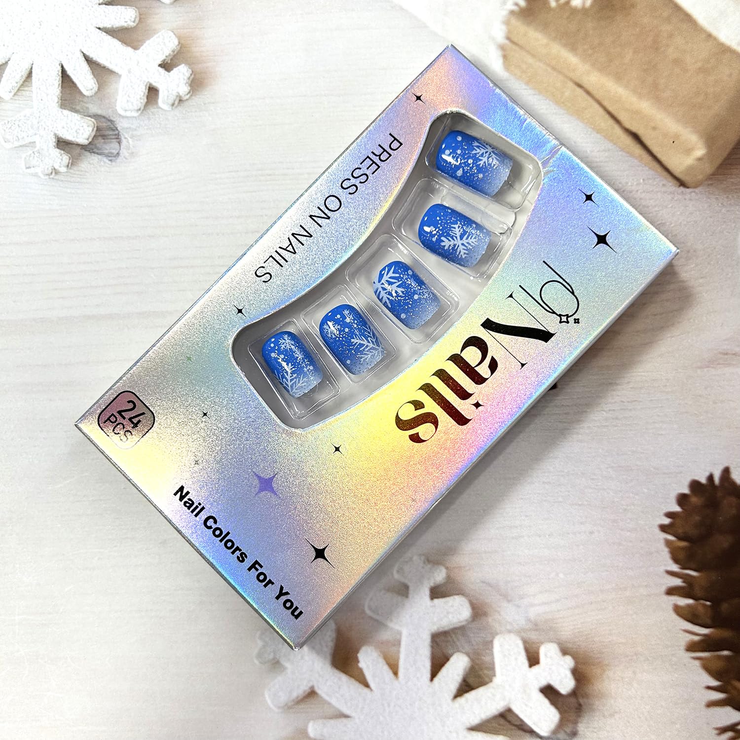 TBRZTR Blue Christmas Press on Nails Short Square Snowflake Acrylic Nails Glitter Powder Sequins Design Aritificial Xmas False Nails Full Cover Gradirent Coffin Nails Glossy Glue on Nails for Women - Image 5