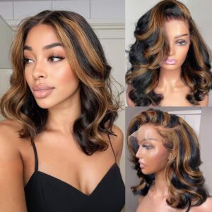 13x6 Highlight Body Wave Lace Front Wigs Human Hair 200% Density FB/30 Ombre Frontal Wigs Human Hair Pre Plucked Short Wigs for Black Women Glueless Balayage HD Lace Wig Loose Wavy 14 inch