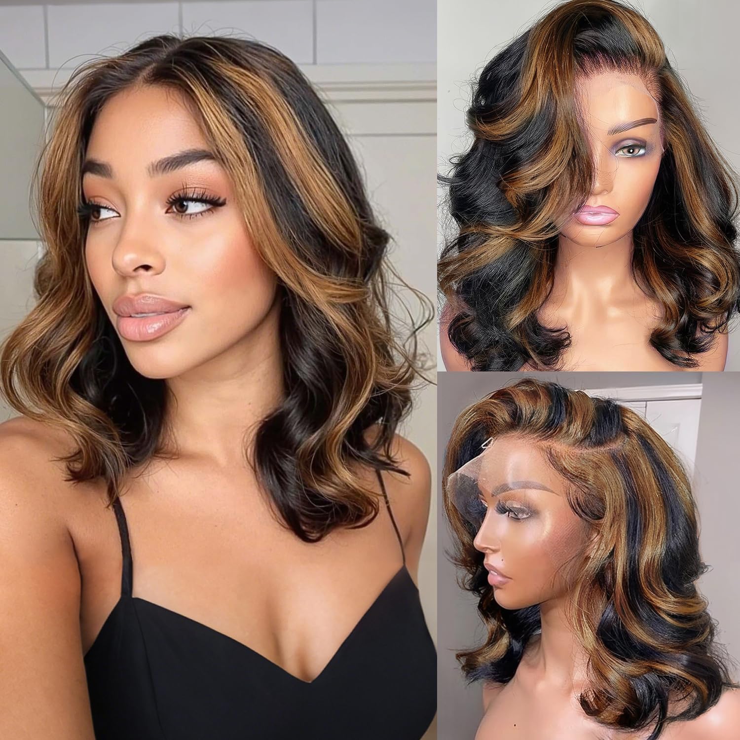 13x6 Highlight Body Wave Lace Front Wigs Human Hair 200% Density FB/30 Ombre Frontal Wigs Human Hair Pre Plucked Short Wigs for Black Women Glueless Balayage HD Lace Wig Loose Wavy 14 inch