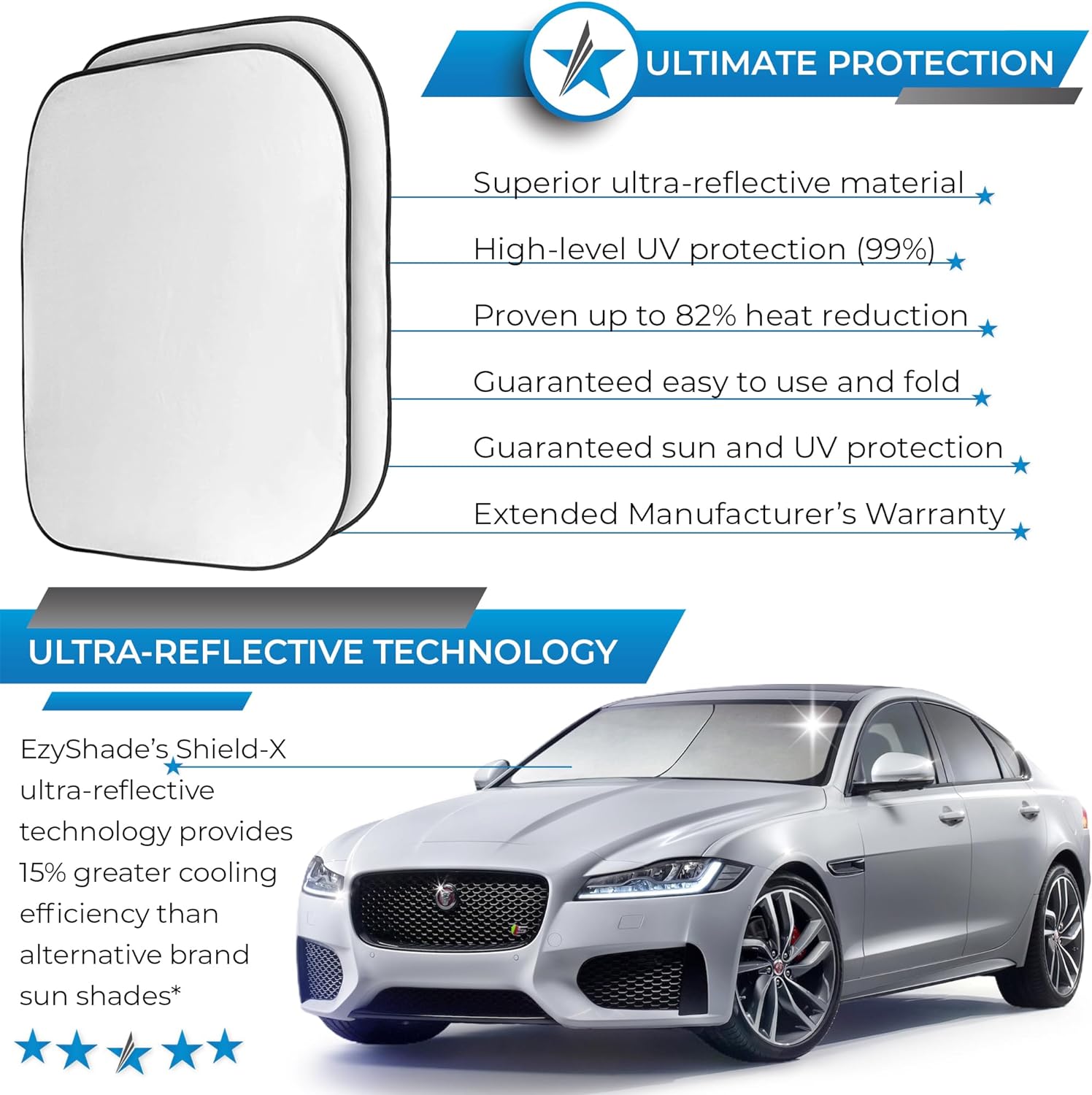 EzyShade Windshield Sun Shade with Shield-X Reflective Technology. See Vehicle Size-Chart. Foldable Car Sunshade for Front Windshield Window Car SUV Van Truck. Sun Visor Heat Shield. Max (L) Size - Image 2