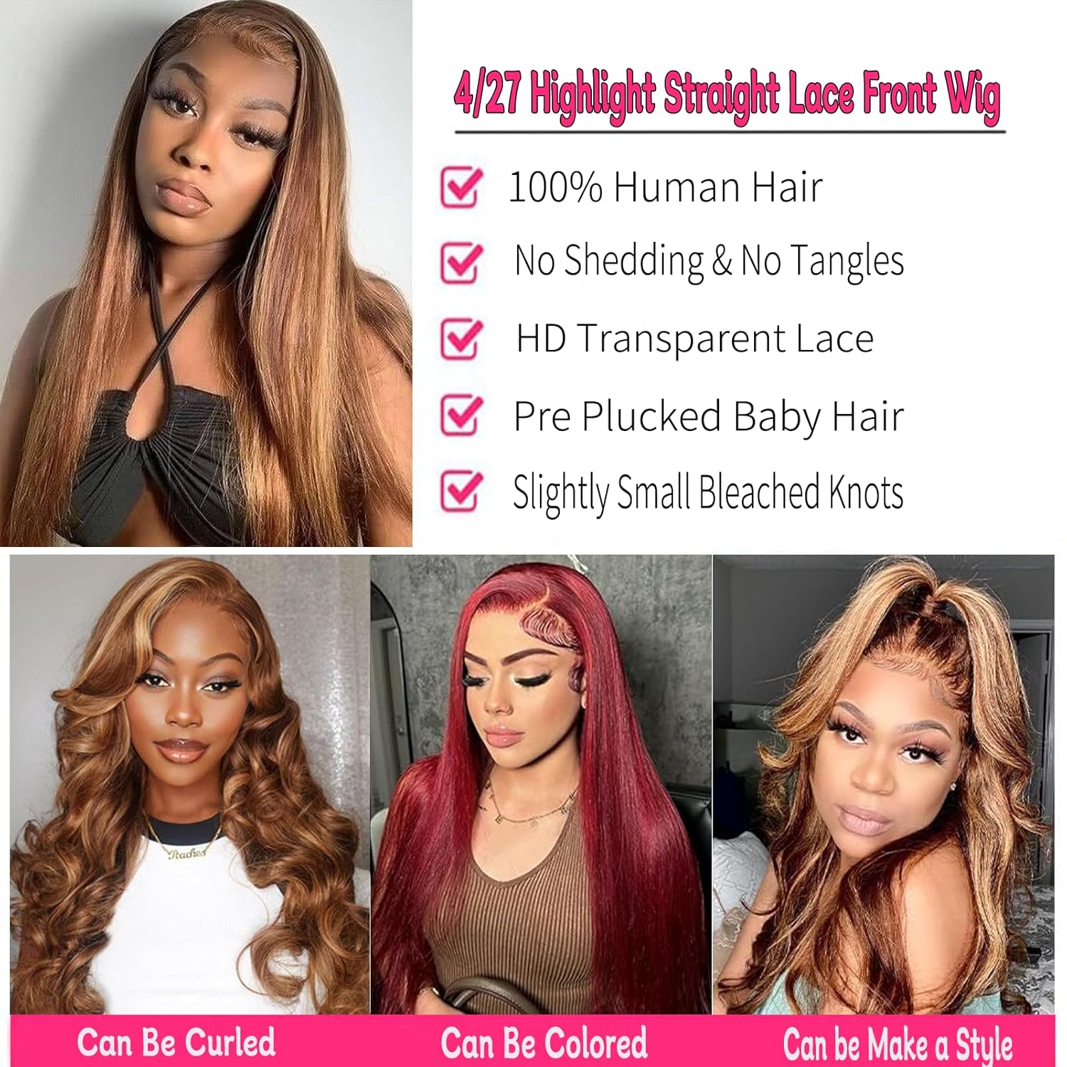 Highlight Ombre Lace Front Wig Human Hair 28Inch Honey Blonde Lace Front Wigs Human Hair 13x6 HD Lace Front Wig Human Hair 180% Density 4/27 Colored Straight Human Hair Pre Plucked with Baby Hair - Image 3
