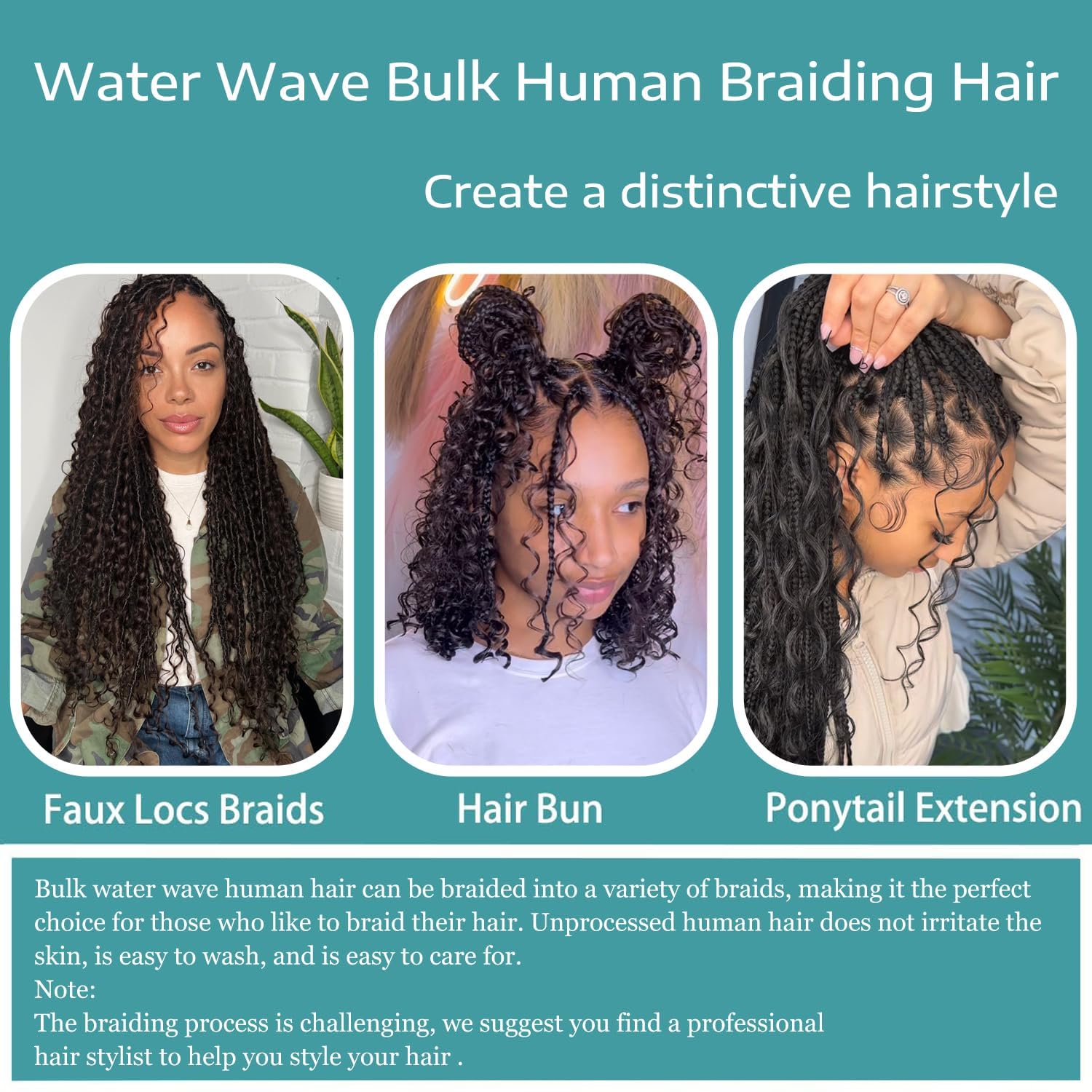 Human Braiding Hair 3 Bundles/Pack 150g Curly Water Wave Human Bulk Hair for Braiding No Weft 10A Brazilian Virgin Human Braiding Hair for Boho Braids Wet and Wavy Braids Extensions (16 16 16inch) - Image 4